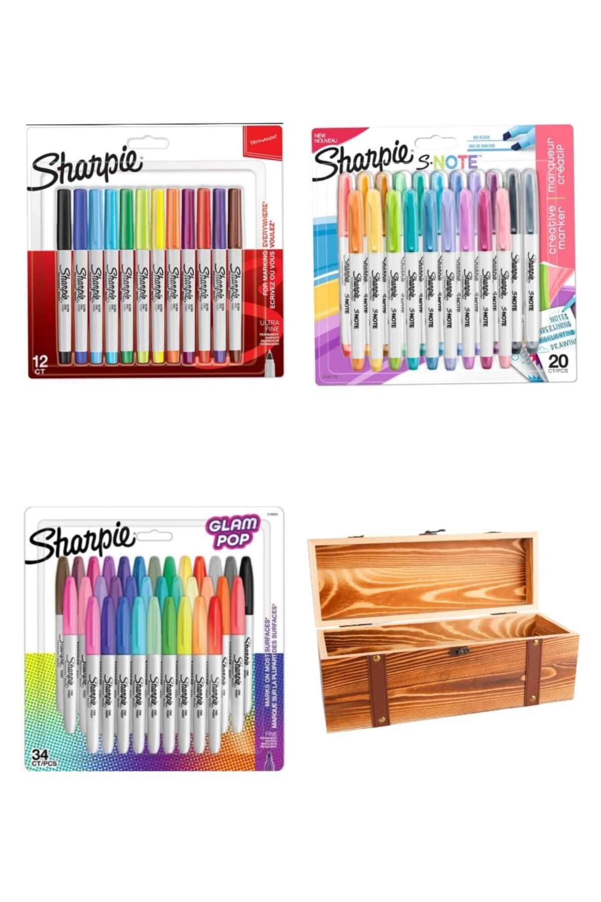 Sharpie-Sharpi̇e Marker Felt Pen 3Set Set-34 Glampop-12 Fine Fine-20 Snote-Wooden Case Container 1