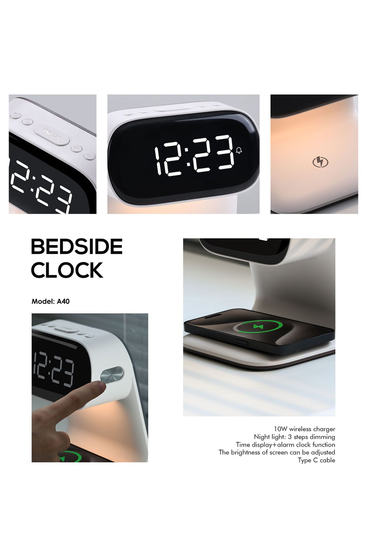 sharpdo-LED Multi-Function 3-In-2 Night Light Alarm Clock with Wireless Charging 8