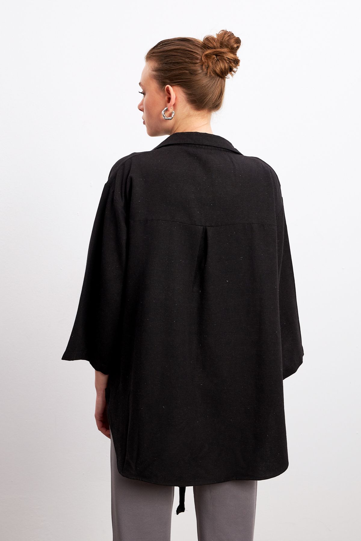 Yefrastore-Black Flam Linen Kimono Shirt 3