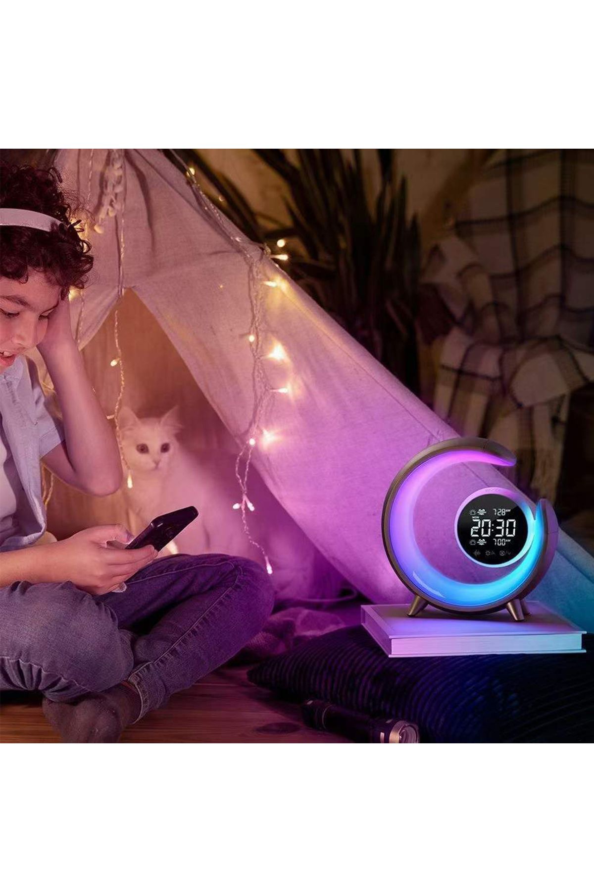 sharpdo-Home RGB Bedside Lamp Ambient Light with Dual Alarm Clock and Dual Wake-Up Touch Function 20W 3