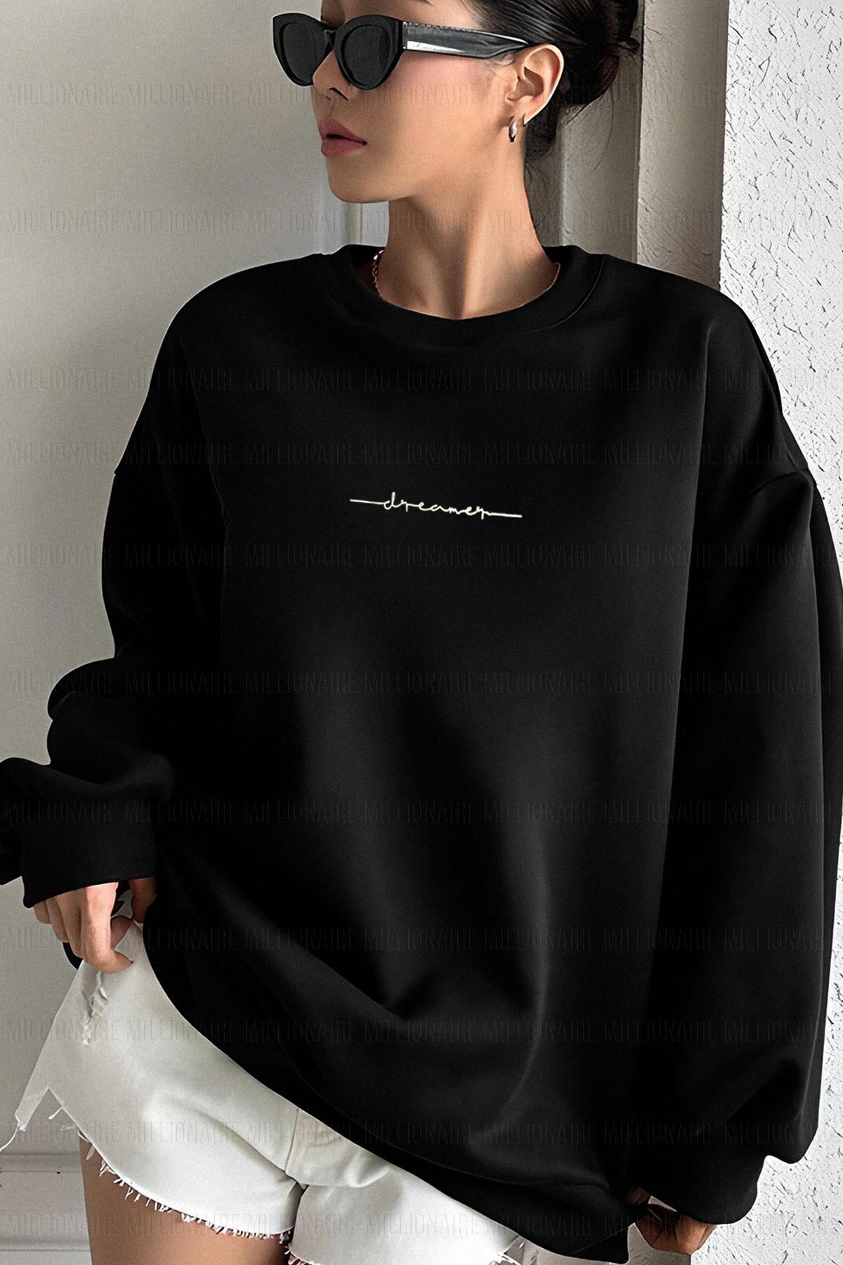 Genel Markalar Kadın Siyah Dreamer Baskılı 0 Sıfır Yaka Oversize Salaş Bol Kesim Polar Sweatshirt