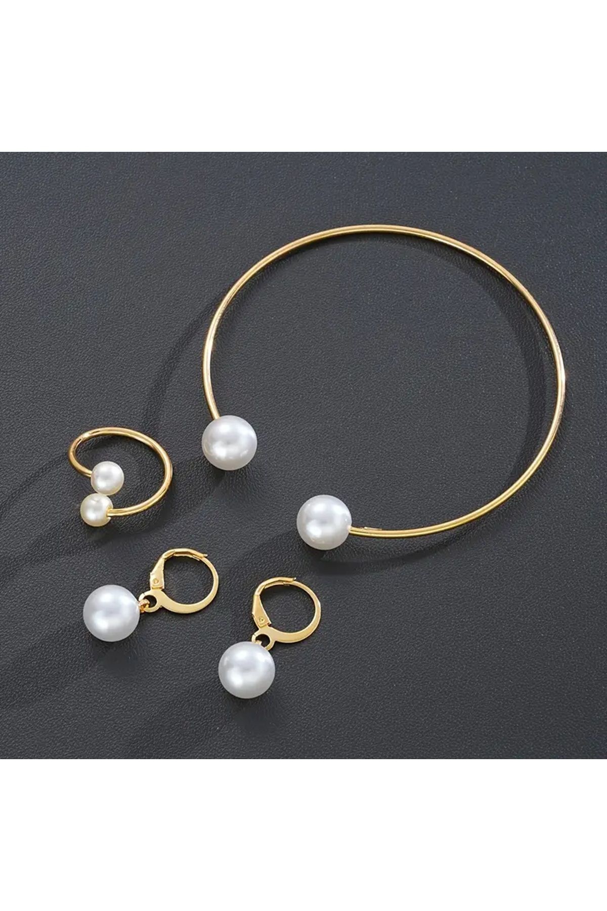 Ayzen-4Pcs Pearl Set Earring Ring Bangle 2