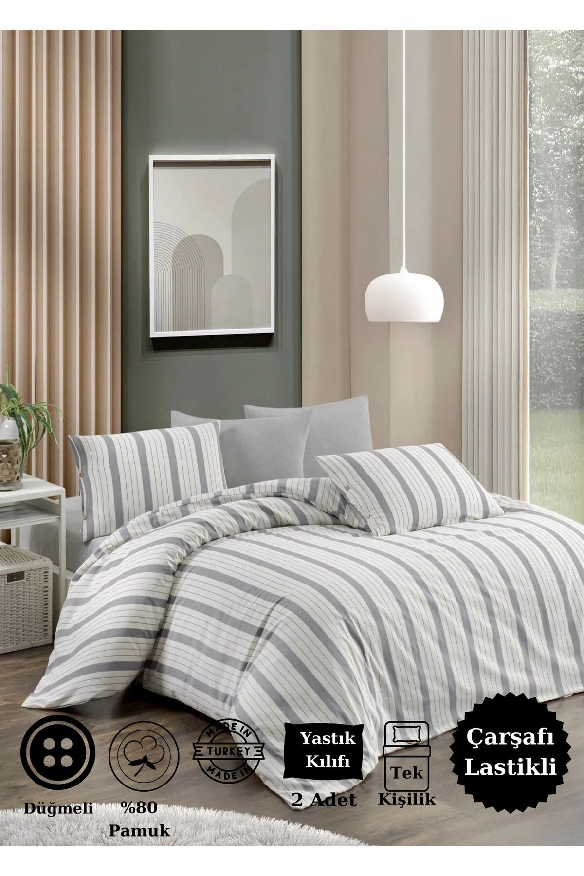 CANDAN ÇEYİZ-Single Sheet Elastic Cotton Natural Fabric Gray Duvet Cover Set with 2 Pillows (with a Gift) 1