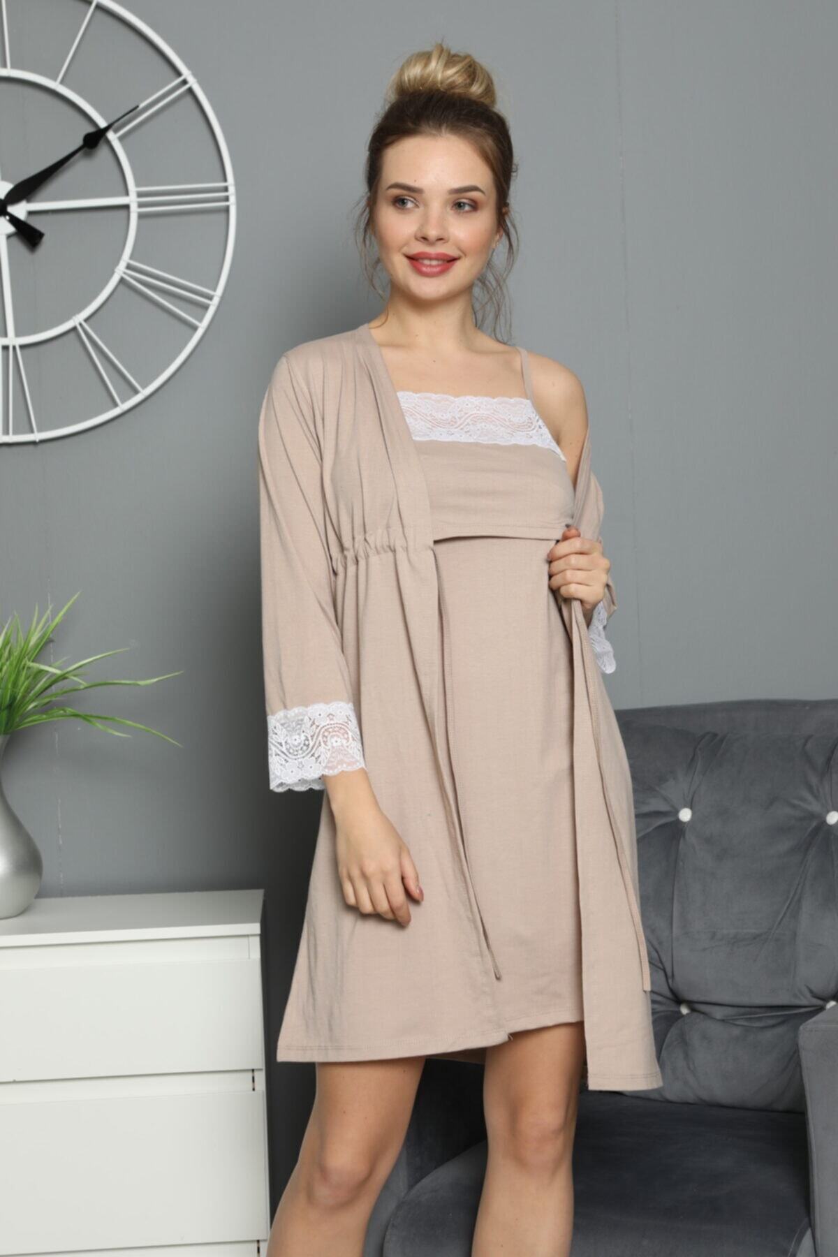 JENİKA Vizon Renk Lohusa Sabahlık Gecelik Takım