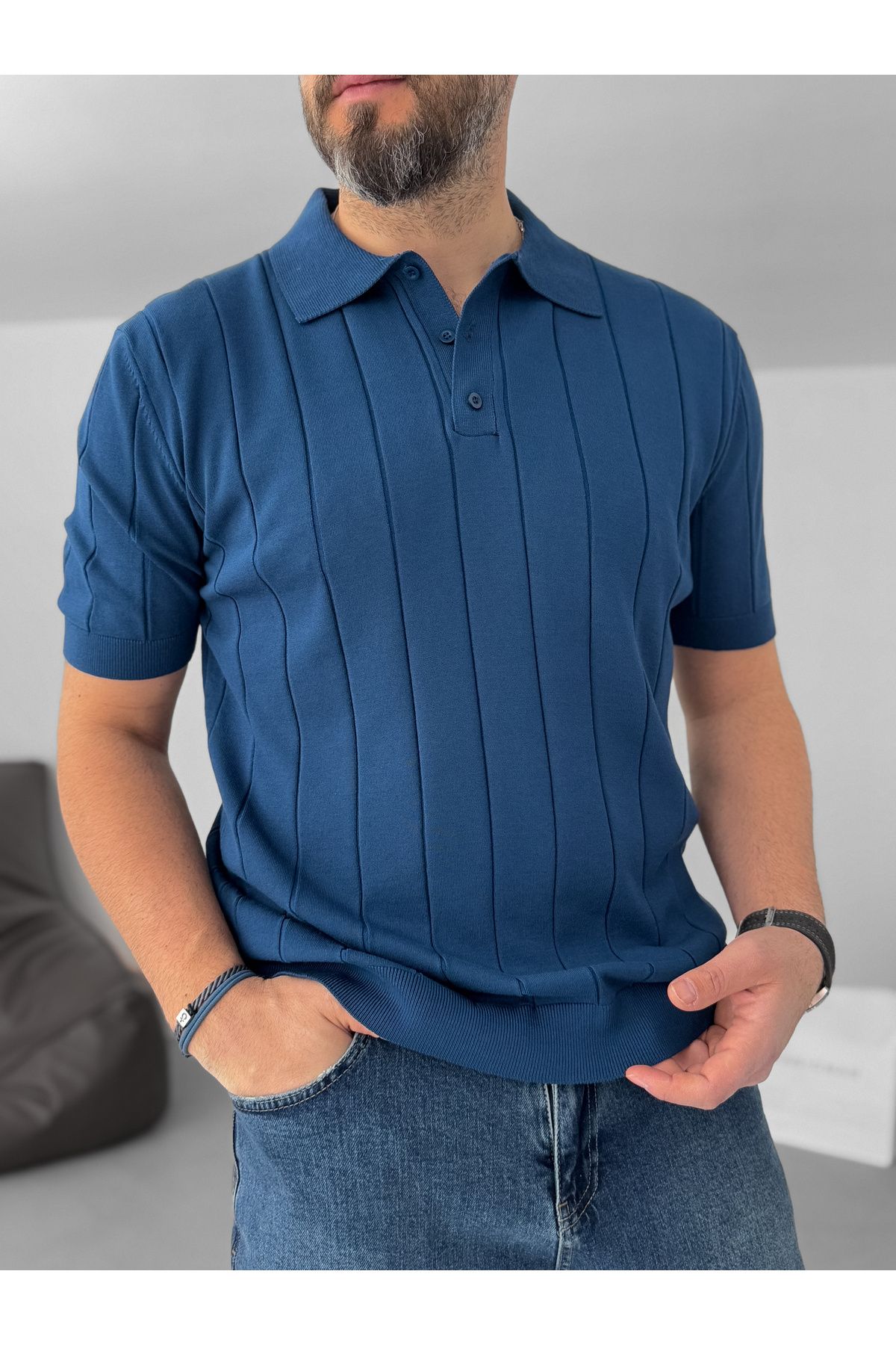 BYBASICMAN-Petrol Blue Vertical Stripes Polo Neck Knitwear T-Shirt Yp-5007 1