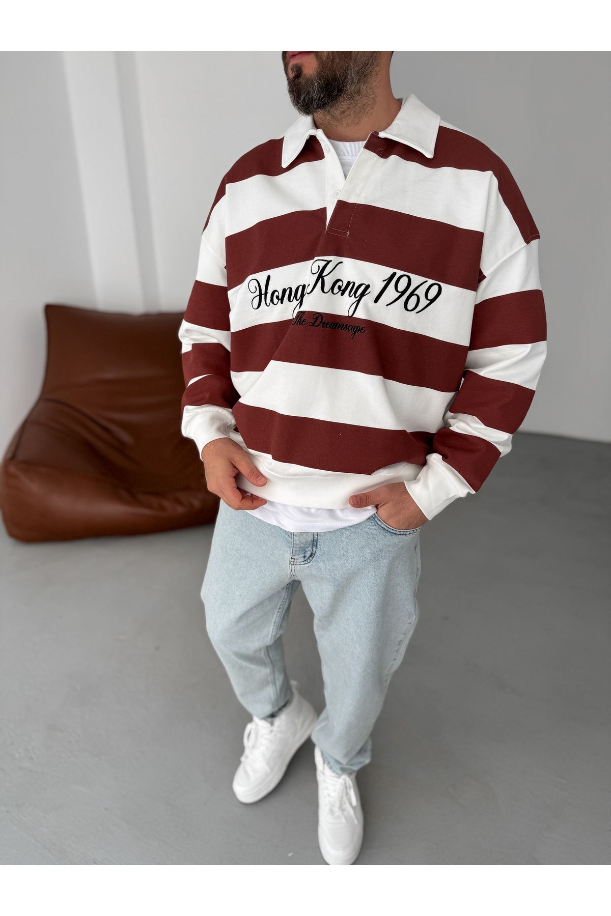 BYBASICMAN-Hong Kong Embroidered Sweat - Brown Striped Jj-102 2