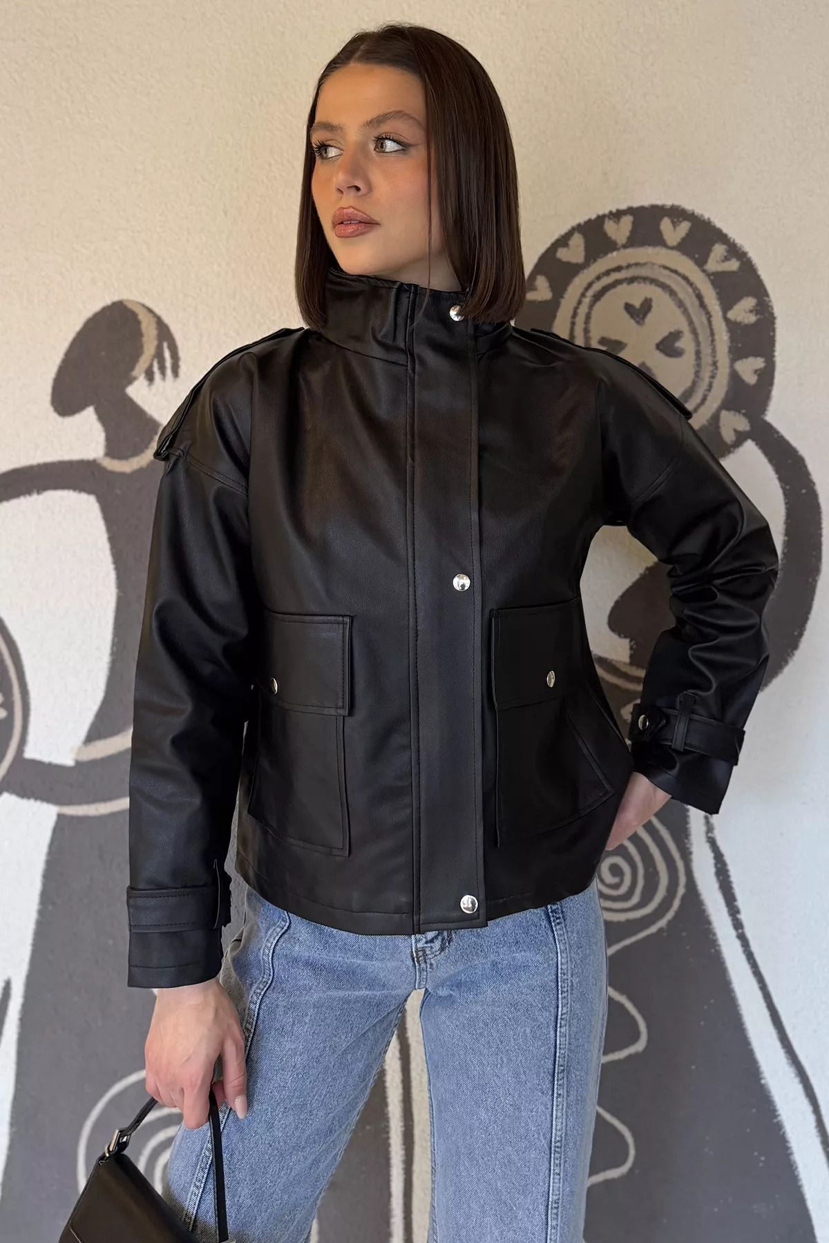 GÜLSELİ-Black Women's Double Pocket Snap Fastener Faux Leather Jacket 3