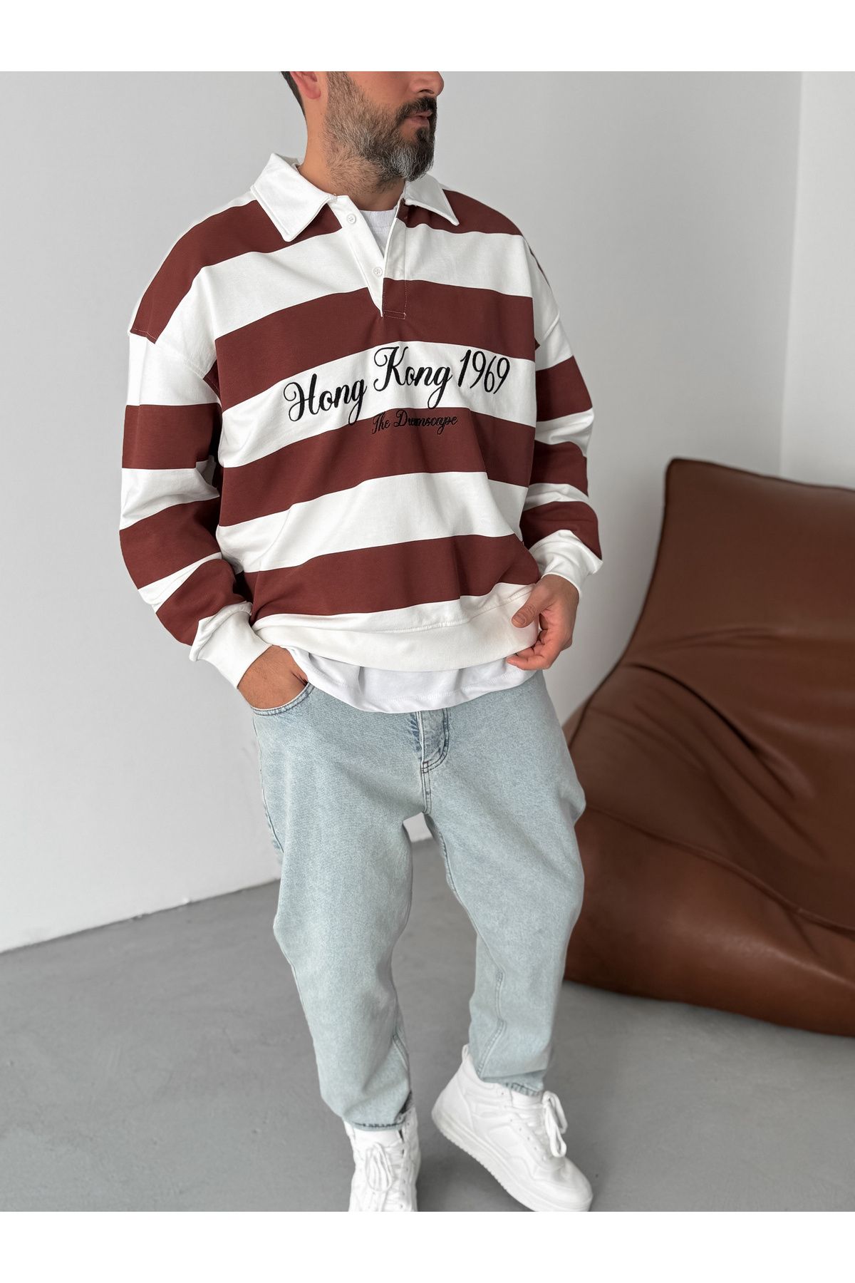 BYBASICMAN-Hong Kong Embroidered Sweat - Brown Striped Jj-102 4