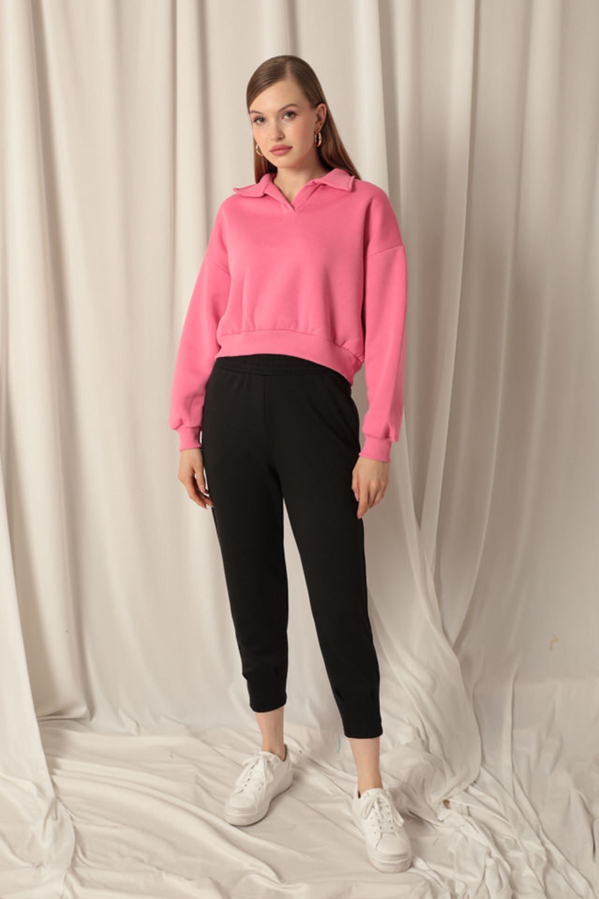 Znd Fashion-Three Thread Placket Collar Short Women's Pink Sweat 4