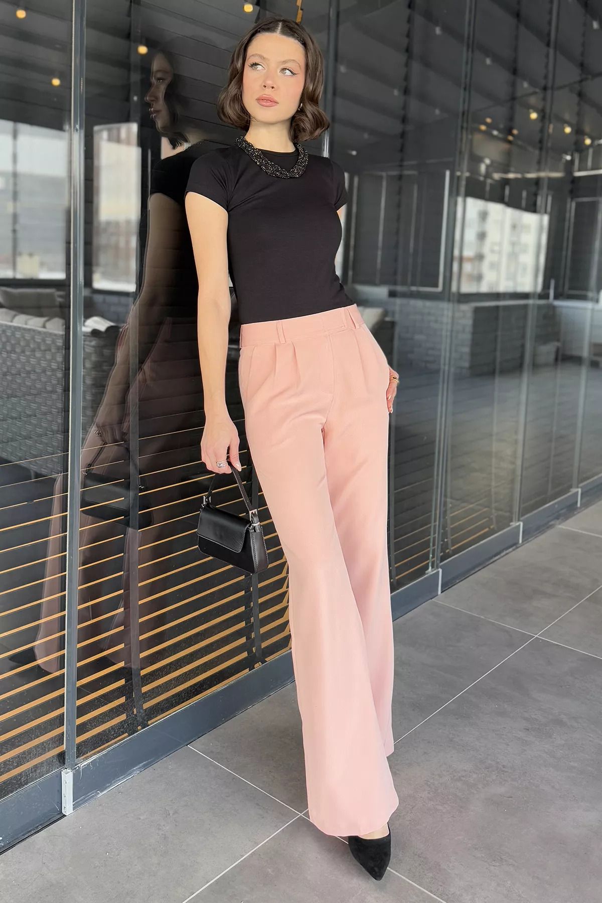 GÜLSELİ-Pantaloni de damă din țesătură cu talie pudra cu velcro 2