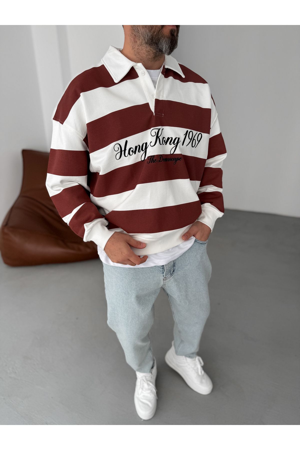 BYBASICMAN-Hong Kong Embroidered Sweat - Brown Striped Jj-102 3