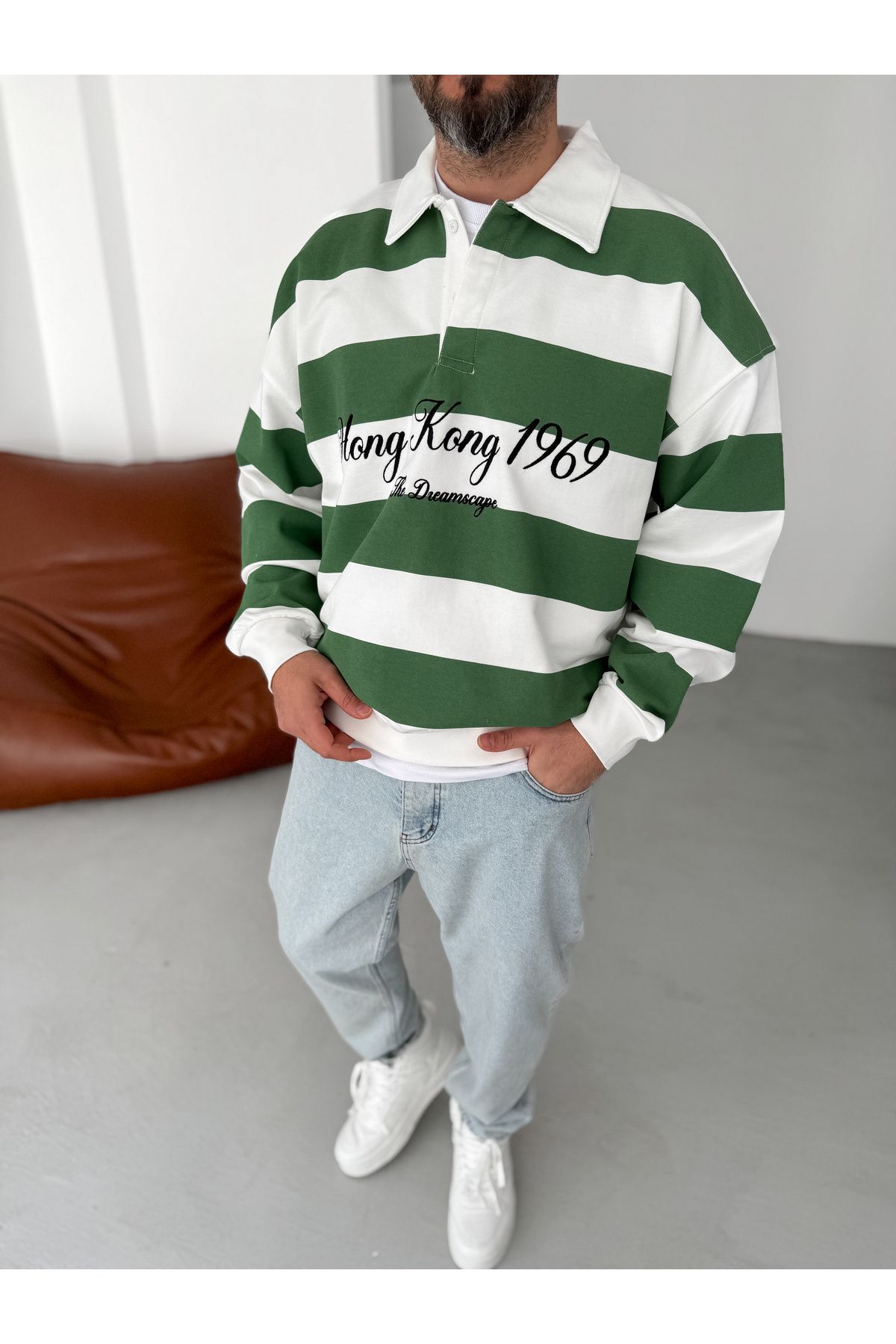 BYBASICMAN-Green Striped Hong Kong Embroidered Sweat Jj-102 1