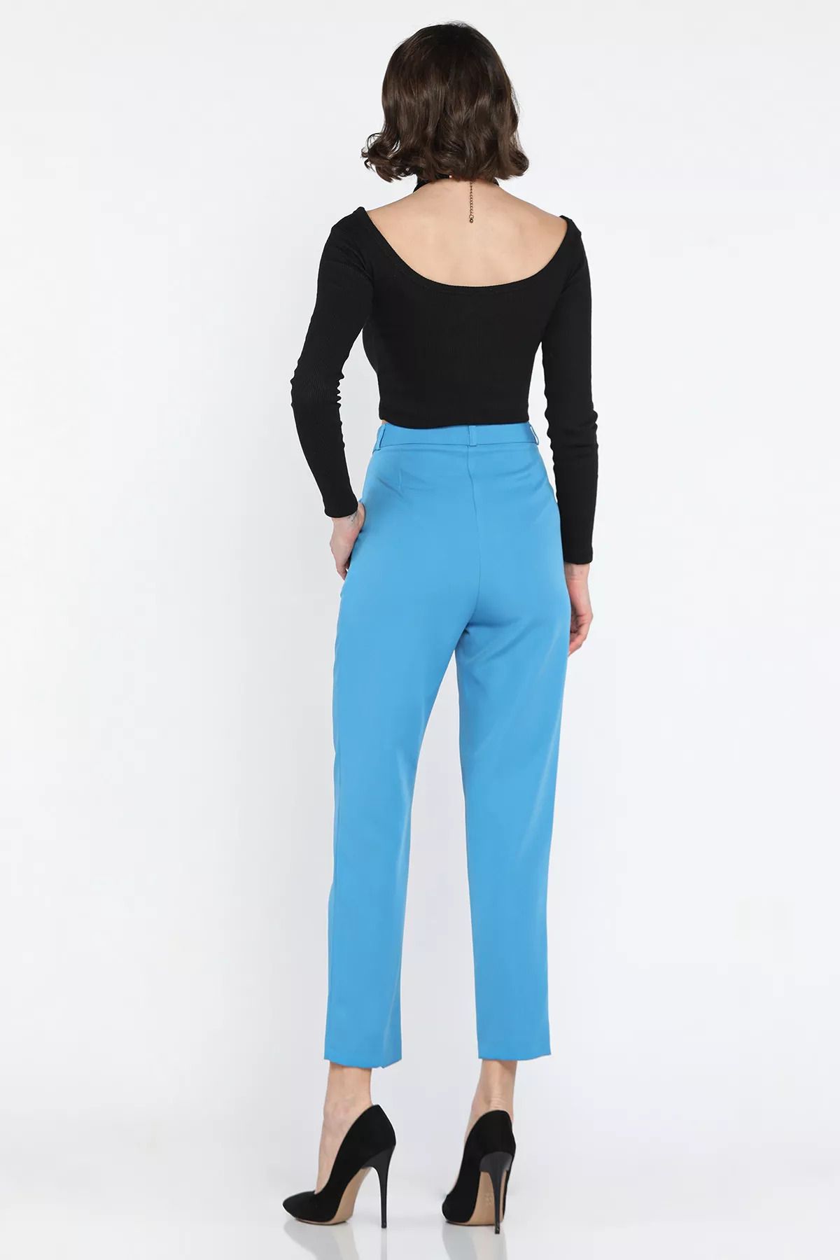 GÜLSELİ-Blue Women's Fabric Trousers 3