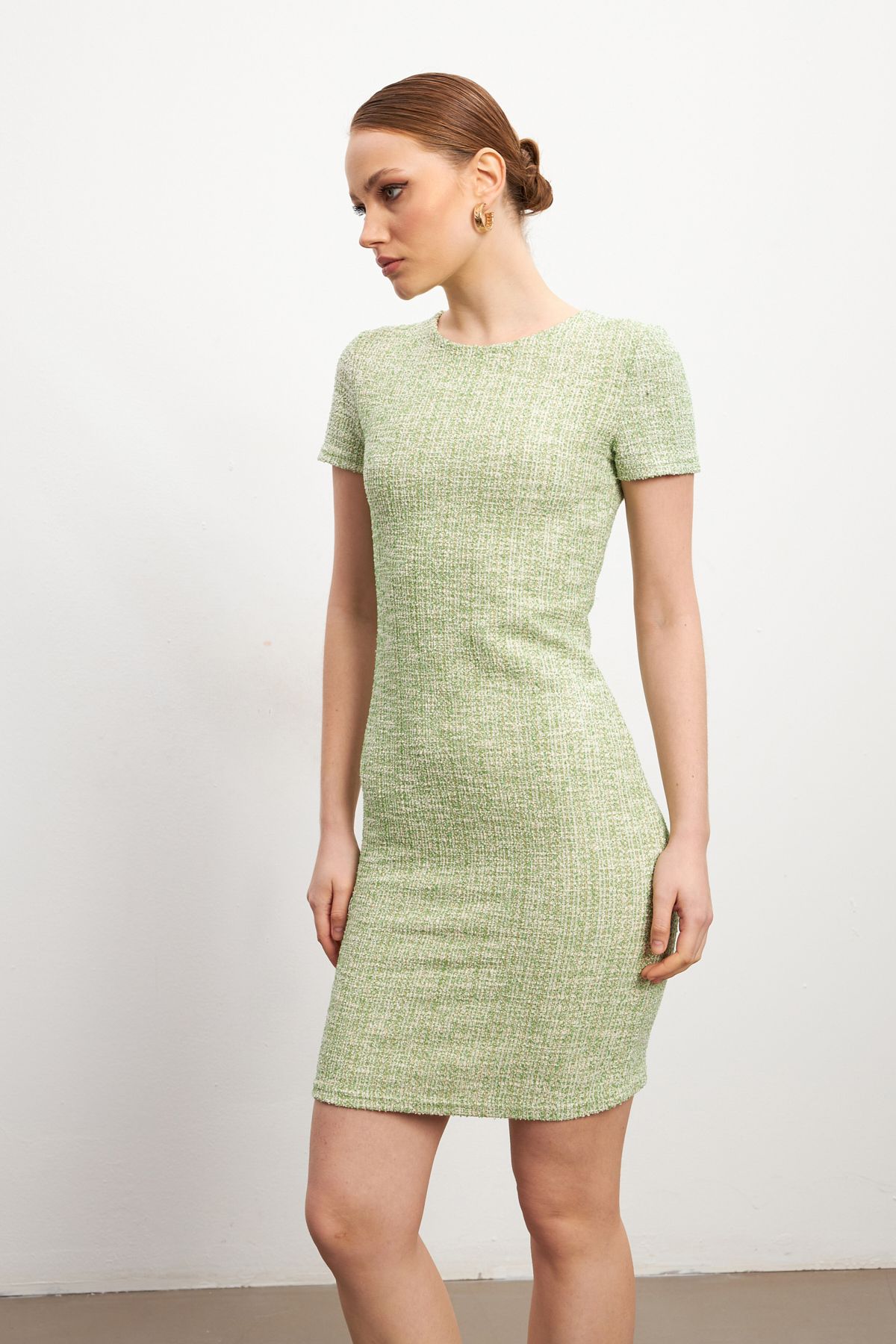 MODAGEN-Women's Green Tweed Short Sleeve Mini Dress 5