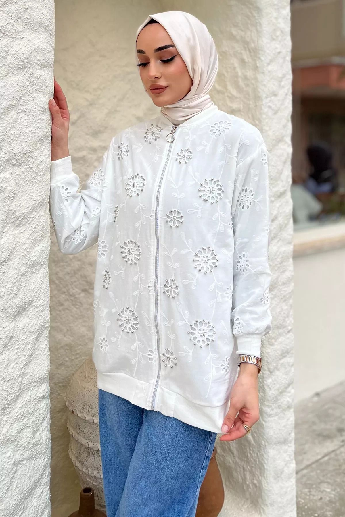 julude-Cream Women's Pearl Embroidered Scalloped Hijab Jacket 6