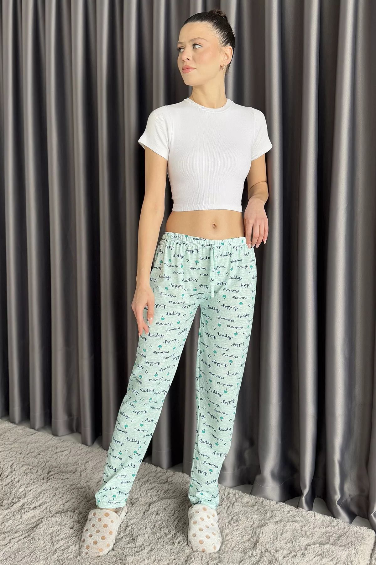 GÜLSELİ-Mint Women's Elastic Waist Patterned Pajama Bottoms 2