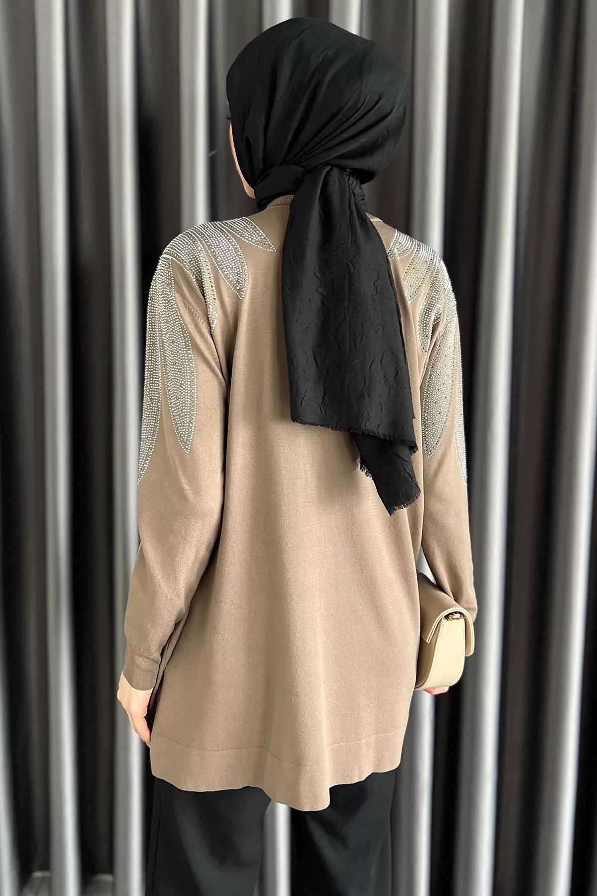 julude-Ζακέτα πλεκτό Hijab με κεντημένο κουμπί από πέτρα βιζόν 4