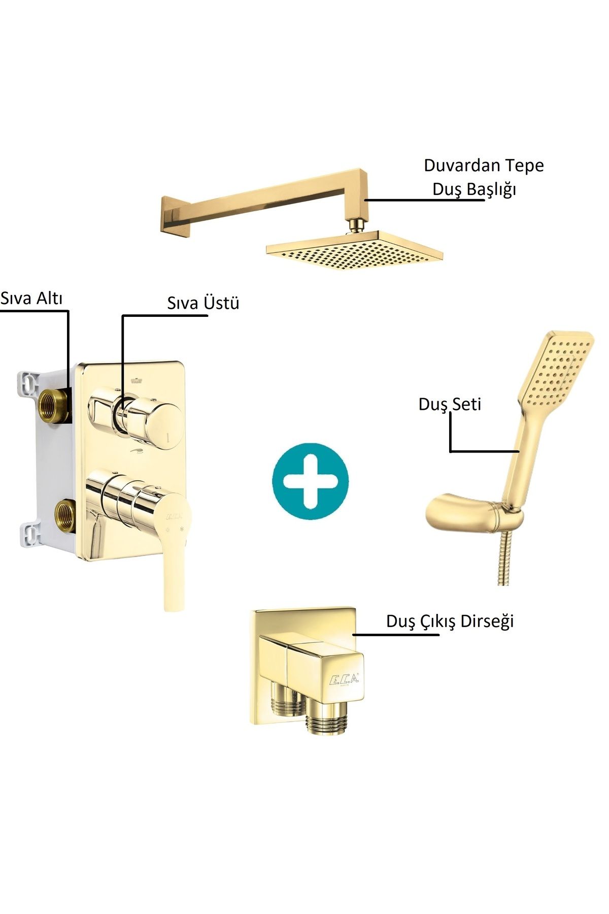 Eca-Luna Concealed 2-Way Gold Color Shower Set - Connected Mixer and All Parts 2