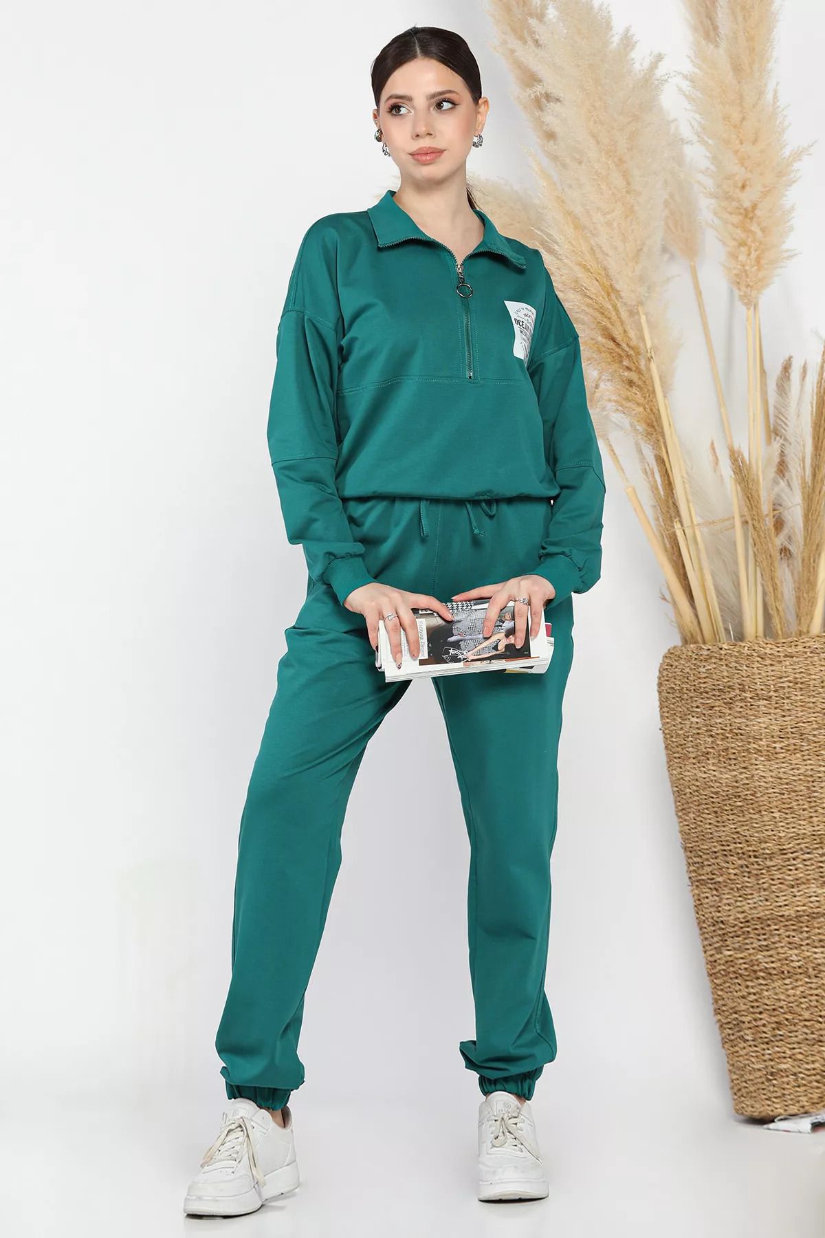 GÜLSELİ-Emerald Green Women's Stand Collar Half Zipper Sweat Pants Tracksuit Set 2