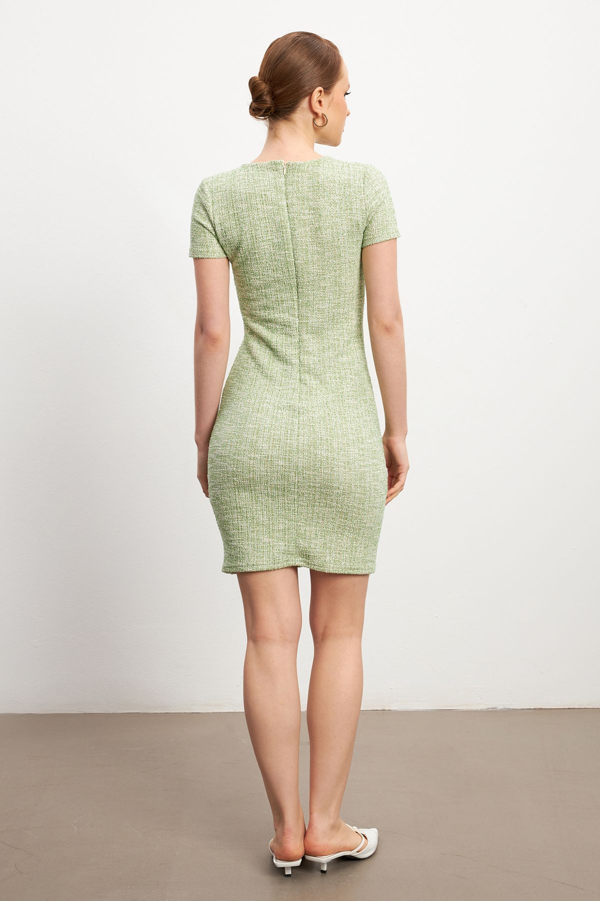 MODAGEN-Women's Green Tweed Short Sleeve Mini Dress 6