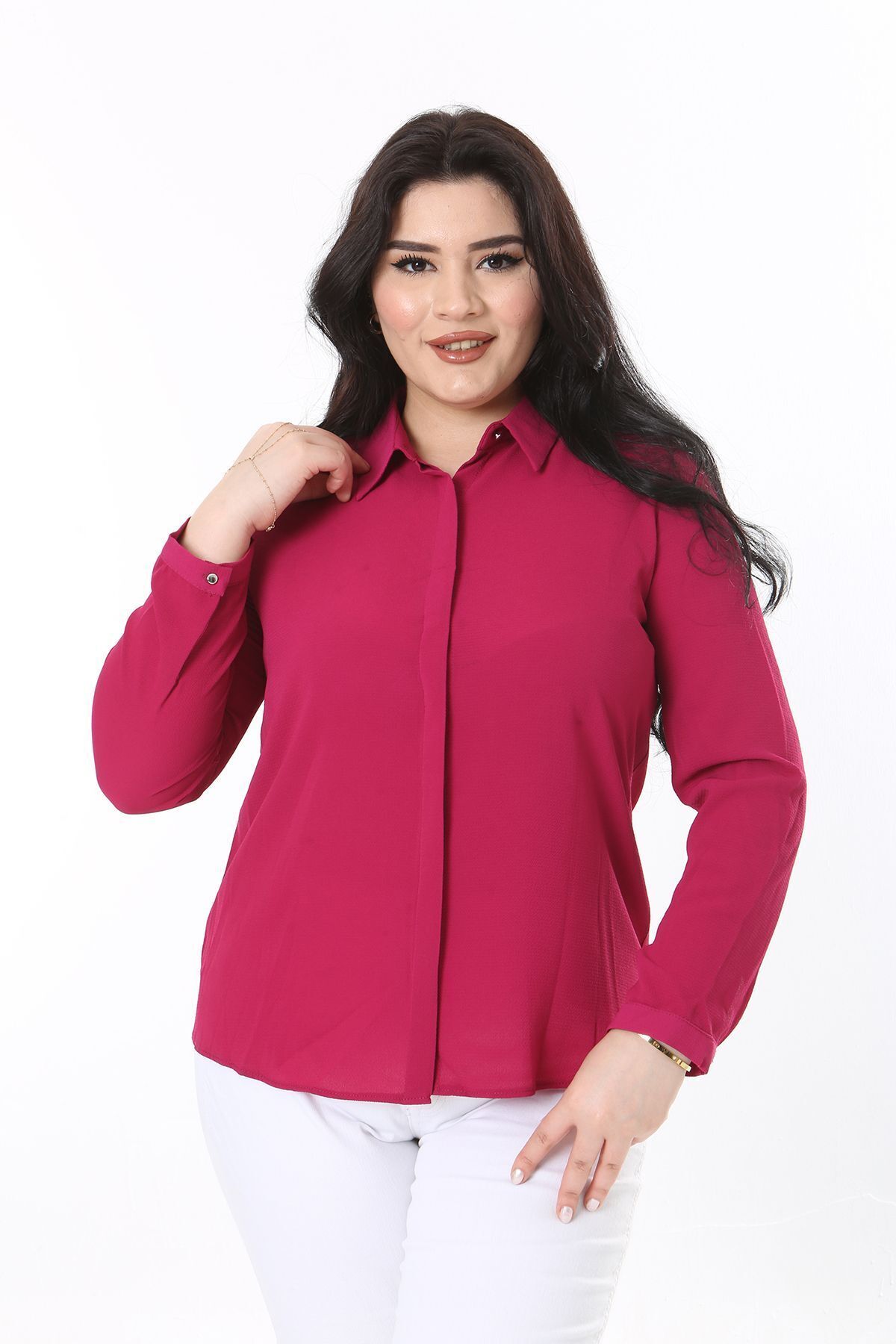 Şans-Plus Size Fujya Blouse - Hidden Placket and Front Button Detail 65N38019 5