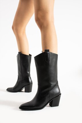 Asilkadın Zoe Siyah Deri Orta Topuklu Şık Kadın Bot