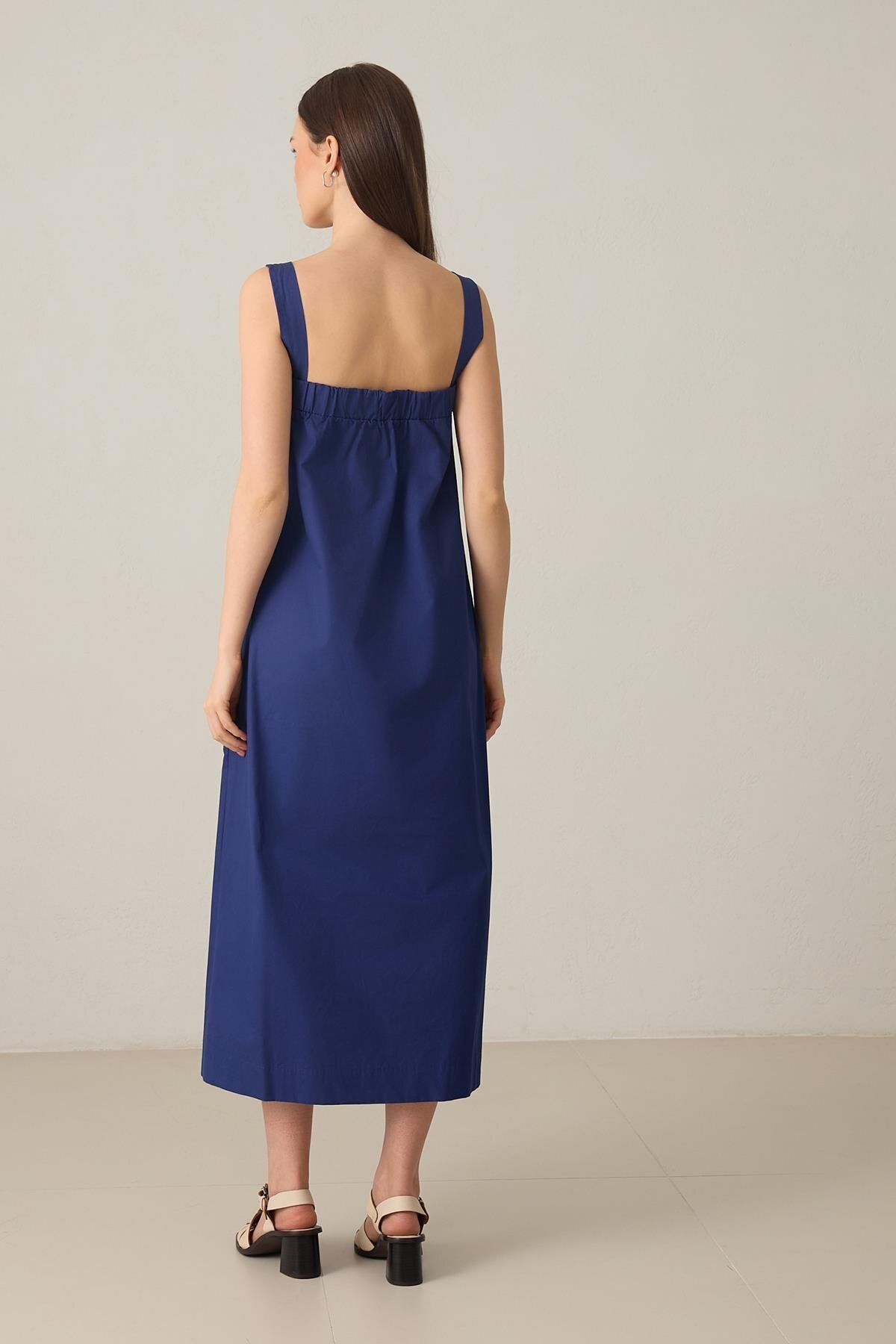 Setre-Navy Blue Square Neck Cotton Stitching Detail Midi Length Dress 5