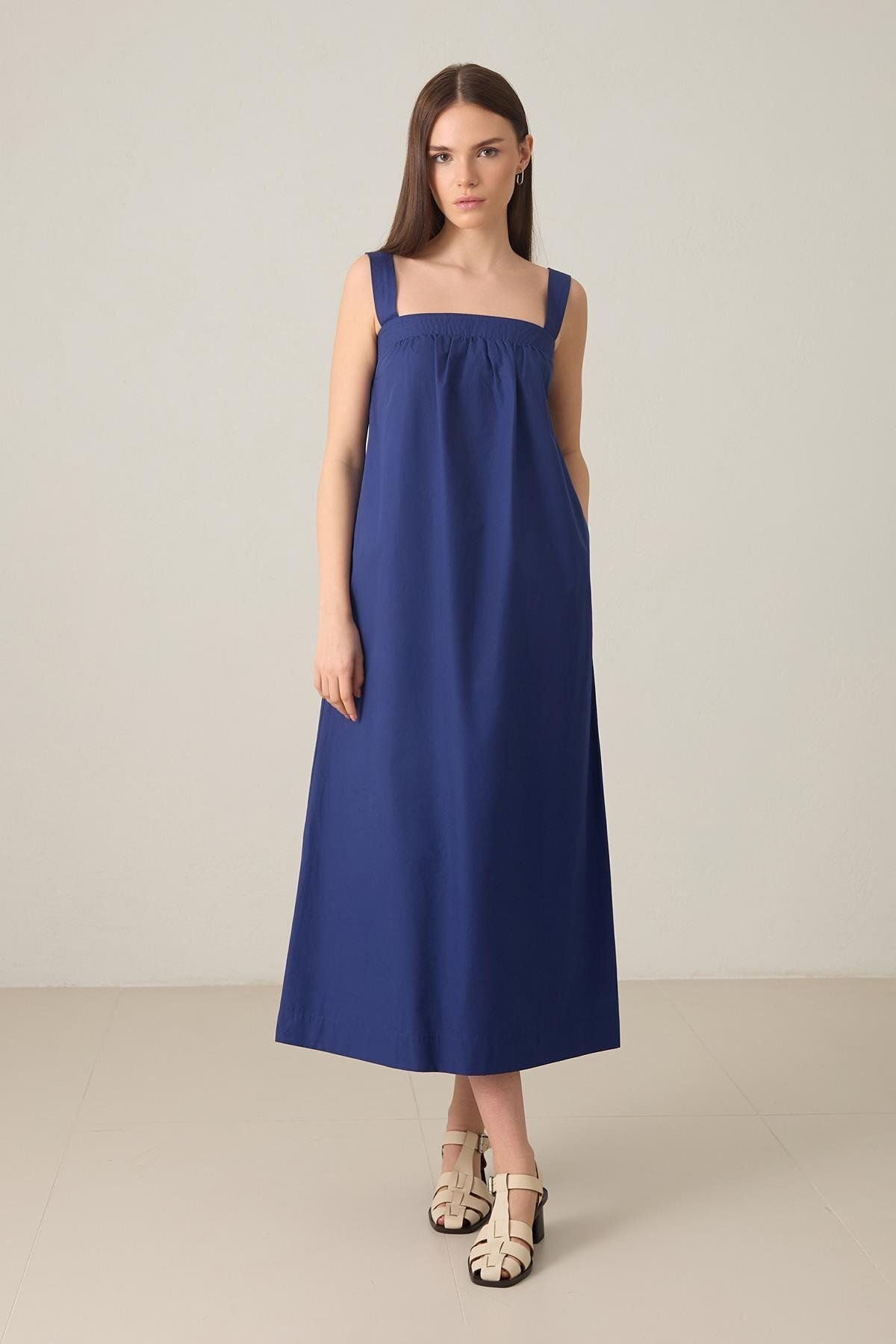 Setre-Navy Blue Square Neck Cotton Stitching Detail Midi Length Dress 2