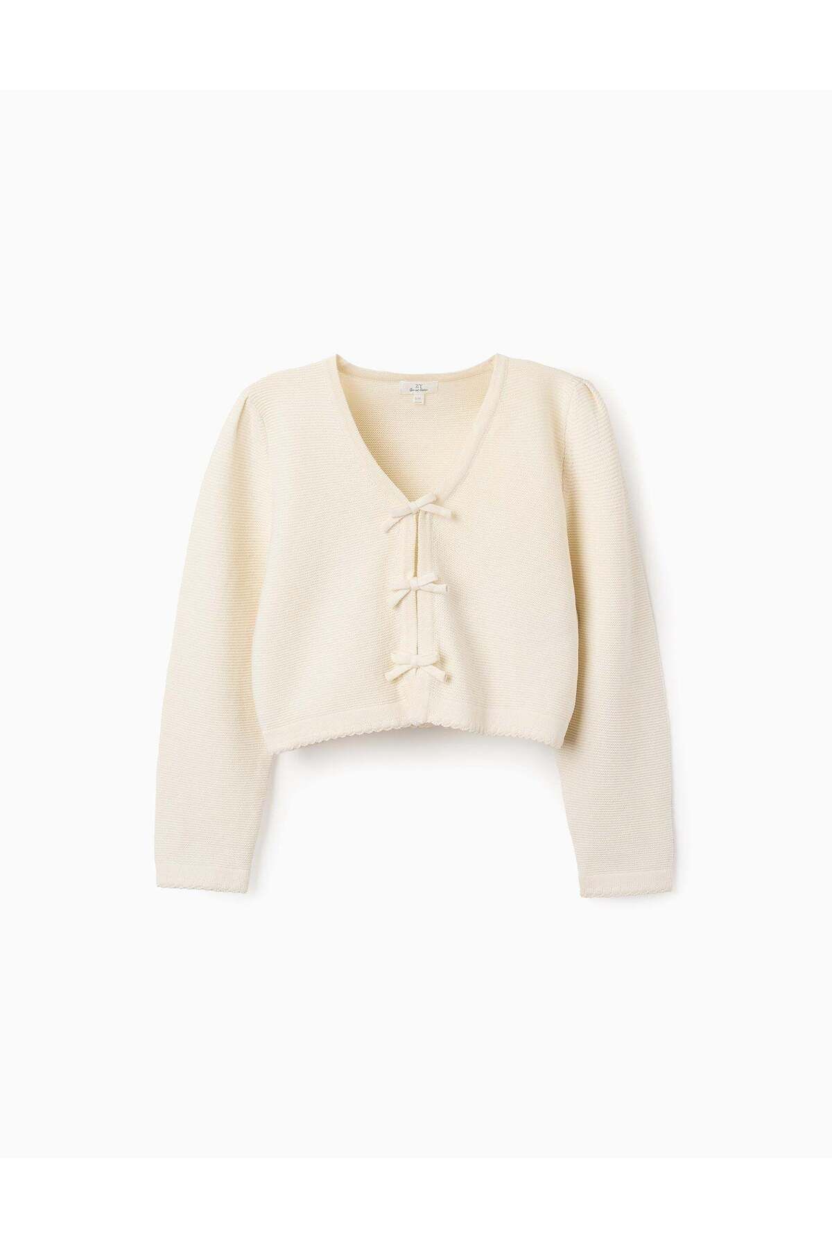 Ziddy-Cotton Cardigan with Bows for Girls, Beige 1