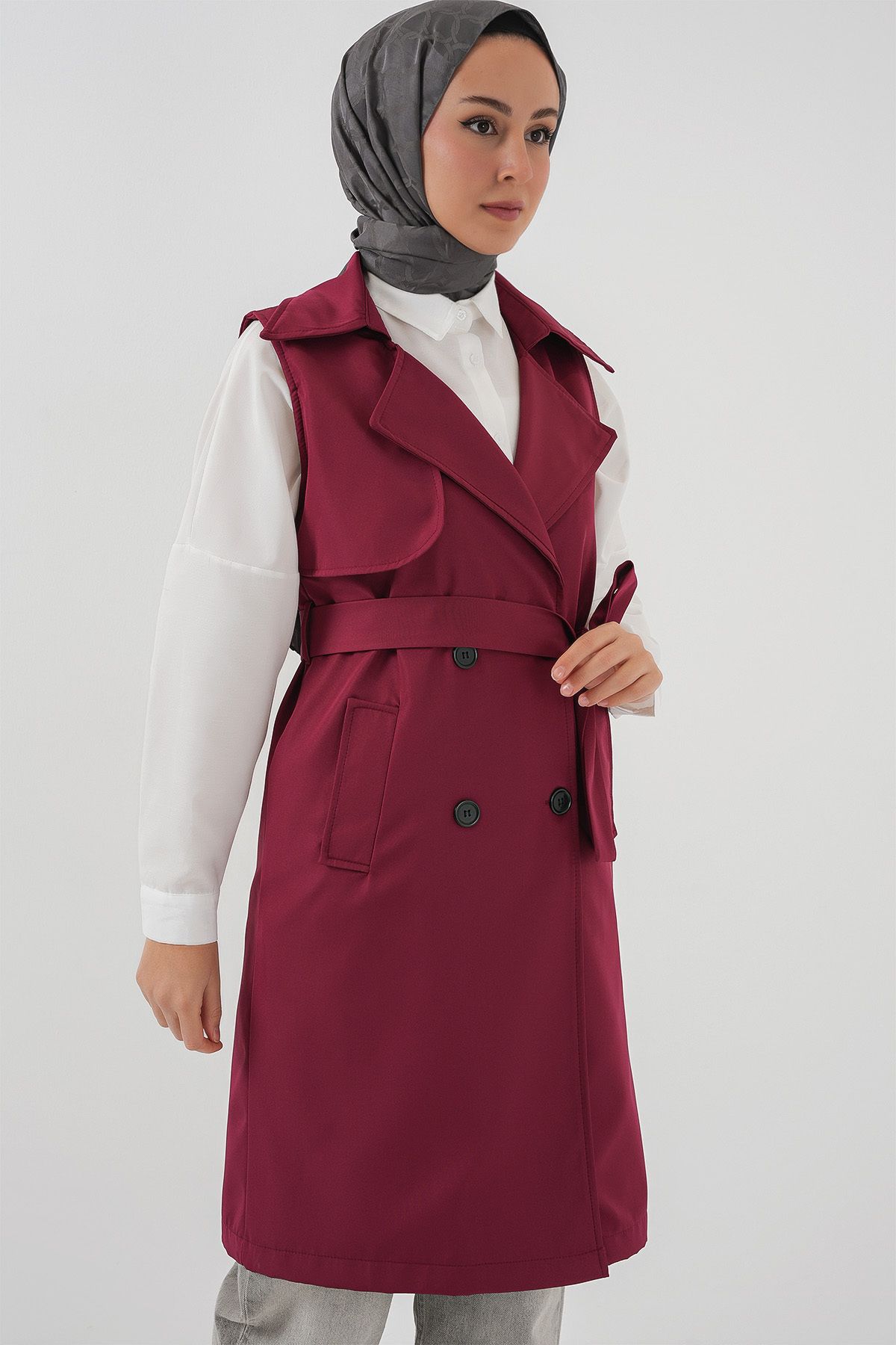 Bigdart-5911 Double Breasted Collar Trench Coat Vest - Claret Red 2