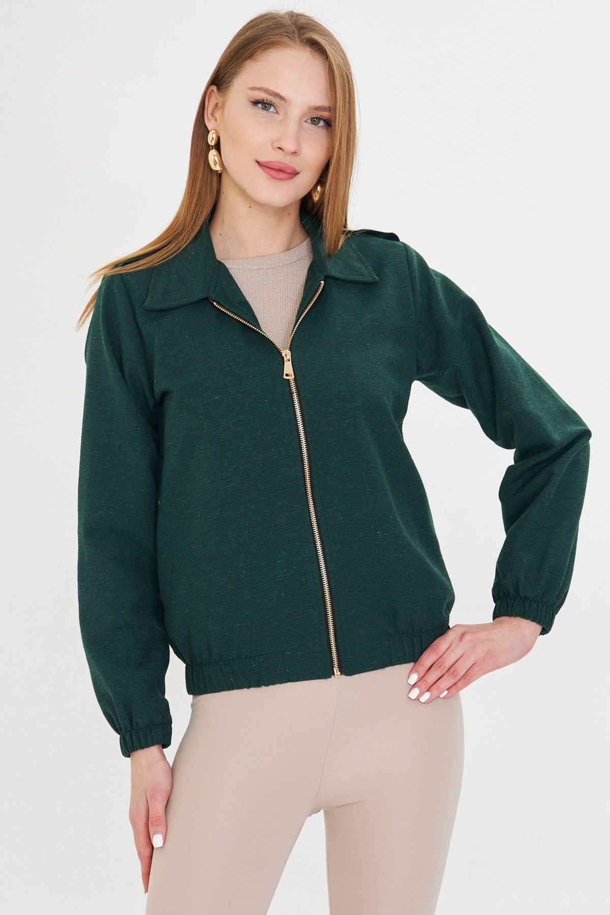 armonika-Women's Emerald Front Zipper Gabardine Coat Arm-22K 001068 1