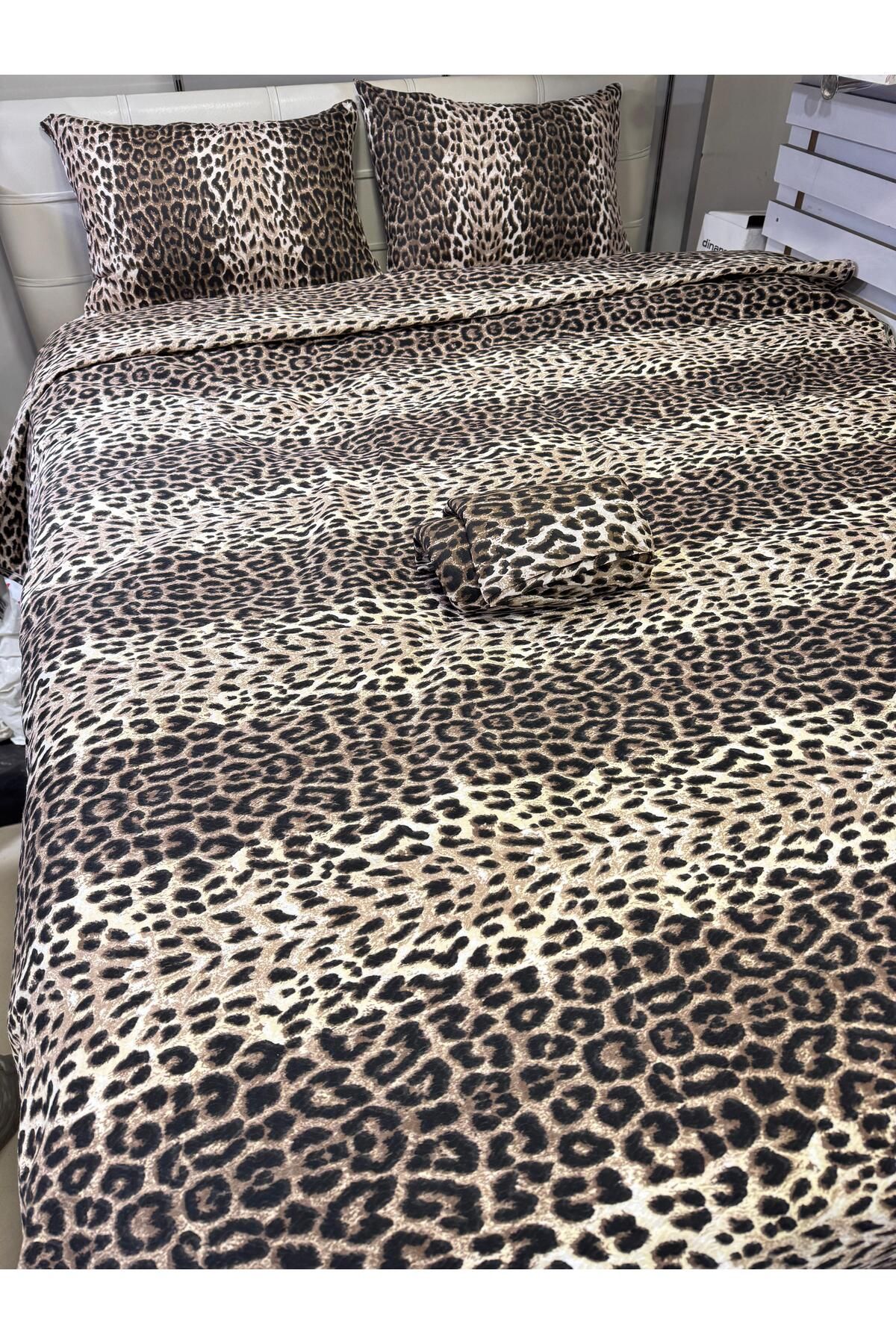 ŞENER HOME-Cotton Single Fitted (Elastic) Leopard Patterned Duvet Cover Set with Sheets 2