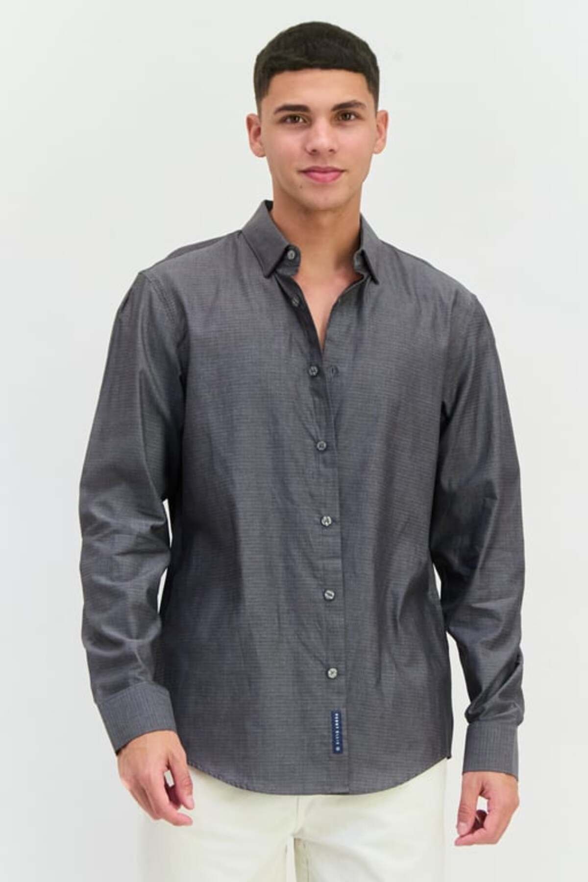 Perry Ellis-Men Slim Fit Herringbone Print Long Sleeves Casual Shirt, Black 1