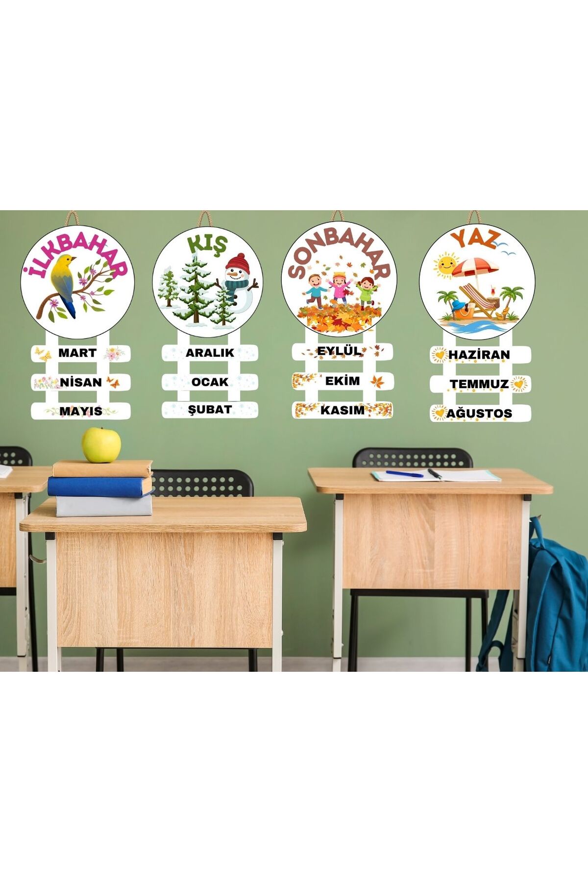 Ahşap Mevsim Panosu Eğitici Ahşap Mevsim Şeridi - Çocuklar için Öğrenme ve Dekorasyon Aracı