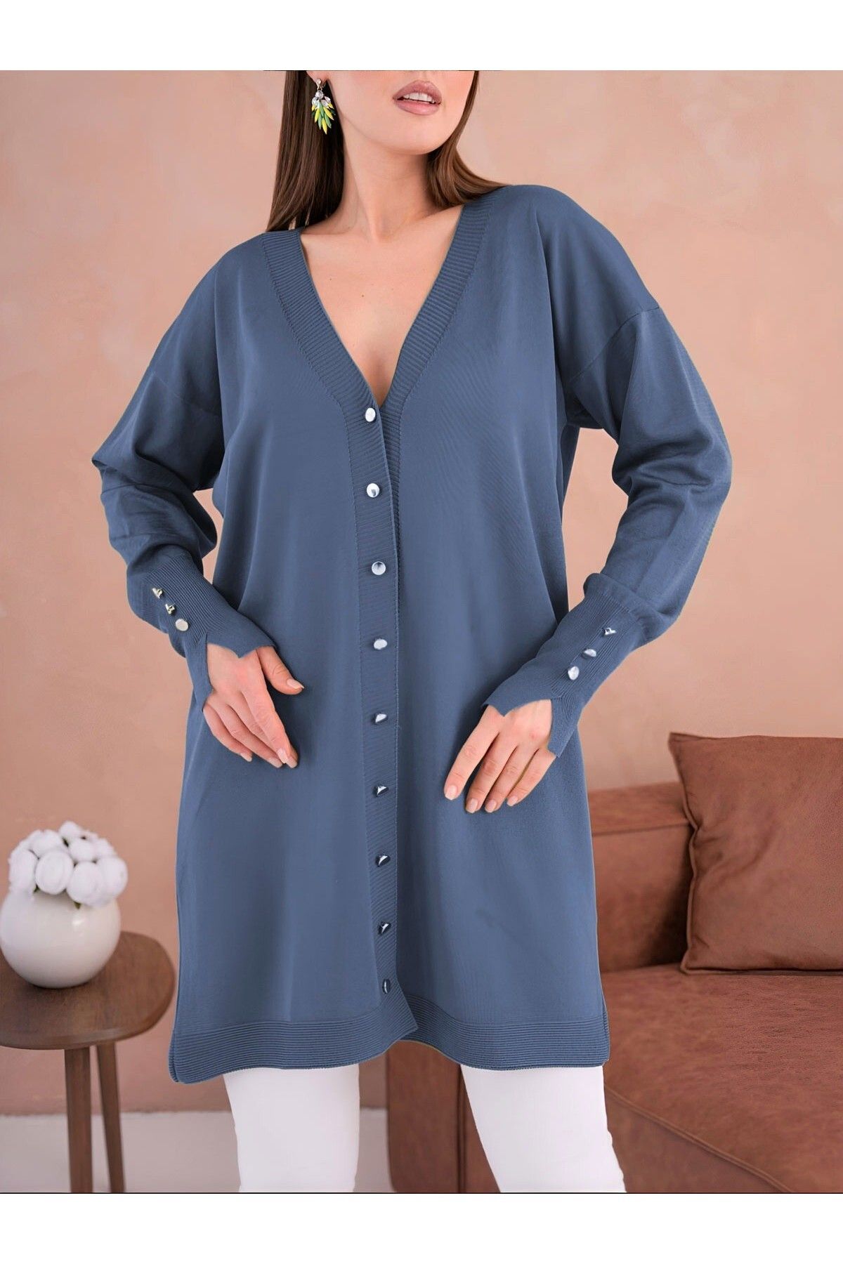 Modamorfo-V-Neck Buttoned Front Knitwear Cardigan - Indigo 3