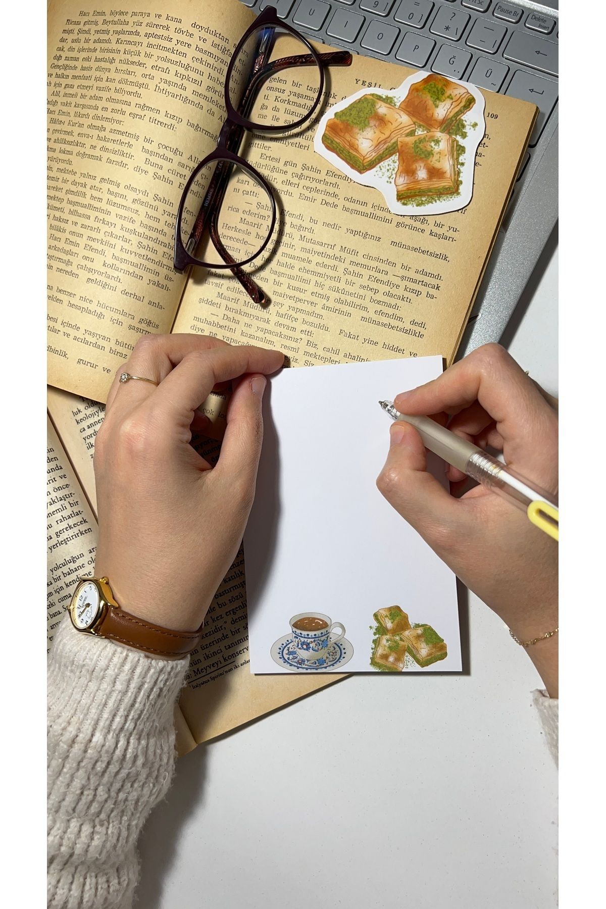 Handeto Kraft-Baklava Turkish Coffee Memo Pad Notepad Check Pluck Notebook, Glue Memo Pad, A6 Notebook, Unlined Notebook 4