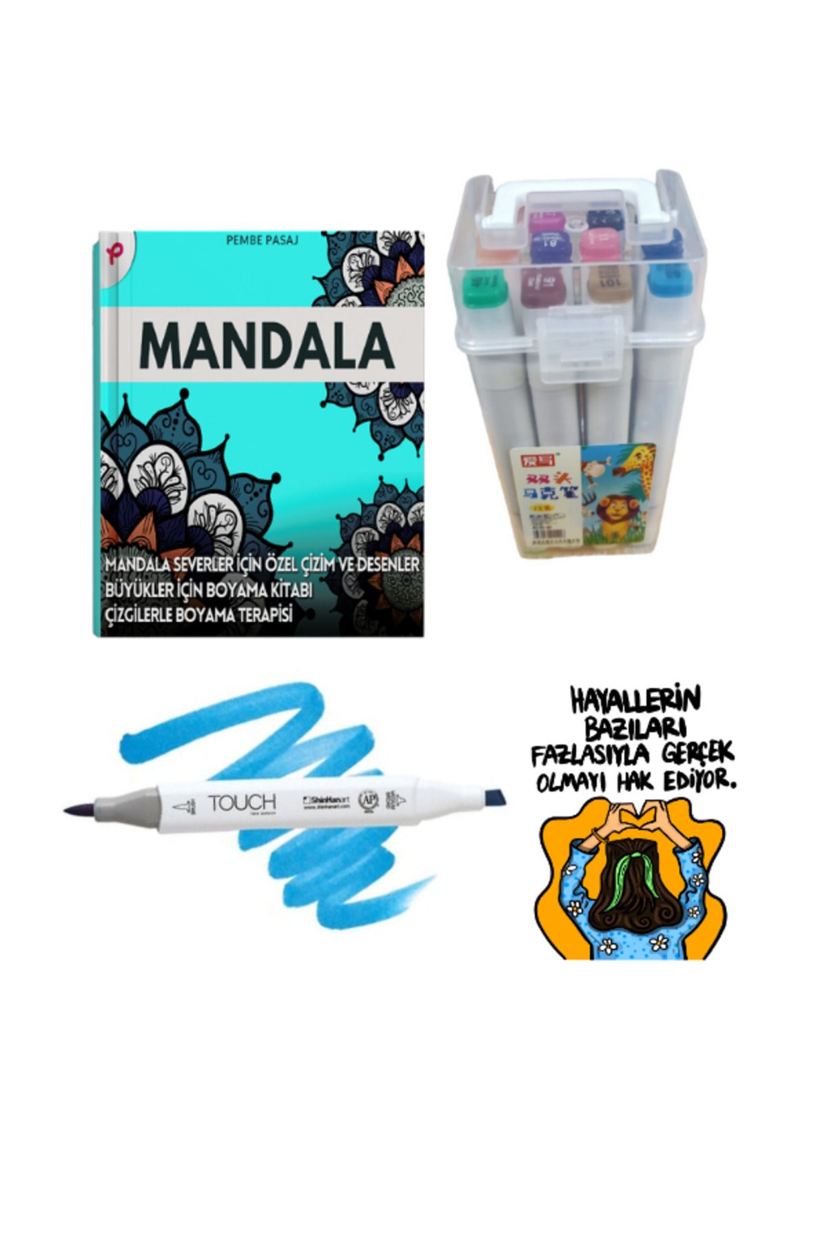 Pembe Pasaj Yetişkinler Için Harika Desenler Mandala Boyama Kitabı Kutulu Marker Kalem 2'li Set