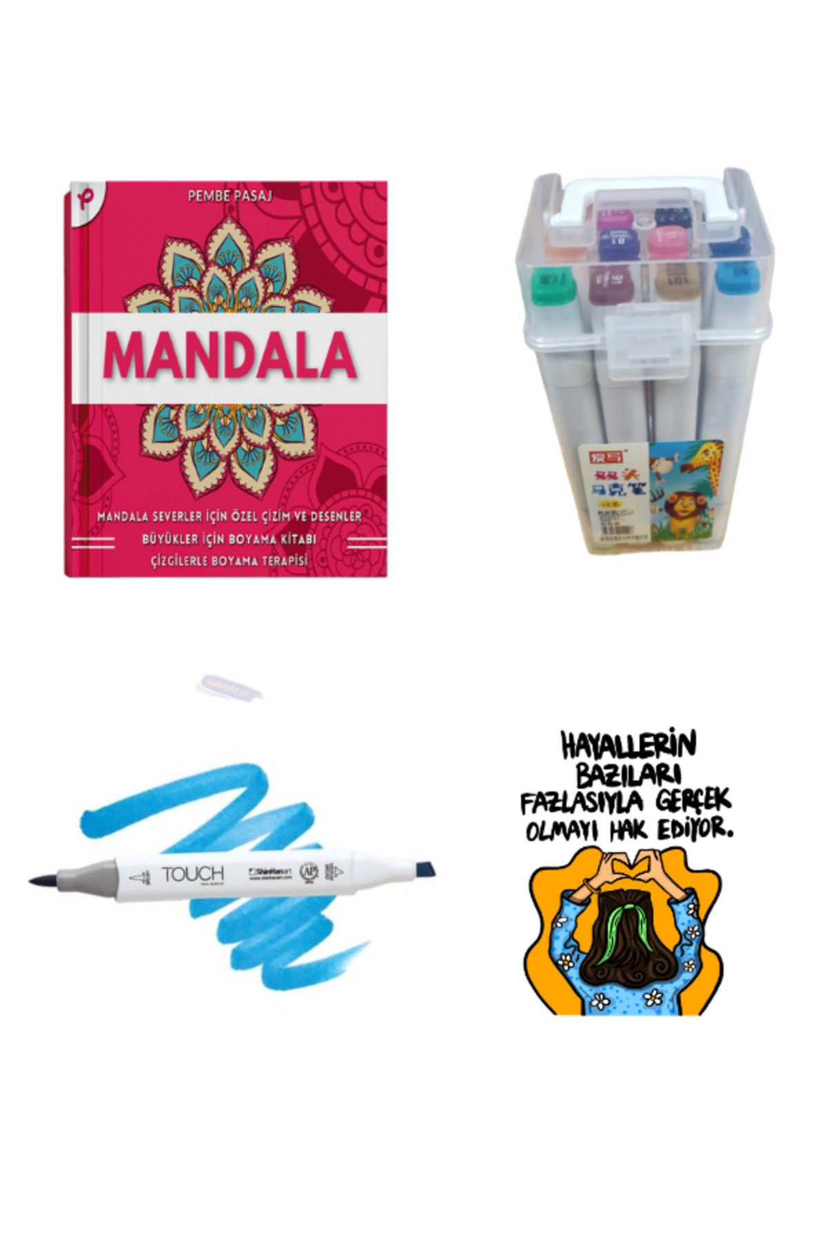 Pembe Pasaj Yetişkinler Mandala Boyama Kitabı Ve 12'li Kutu Marker Seti