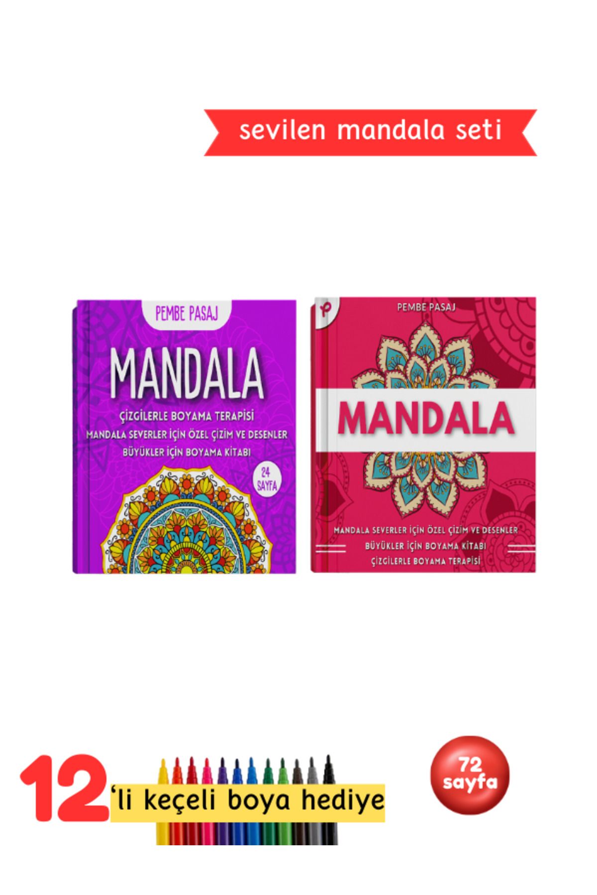 Pembe Pasaj Yetişkinler Mandala Seti, Stres Önler, 2 Kitap, Keçeli Kalem Seti Ve Kitap Okuma Yüzüğü Hediye