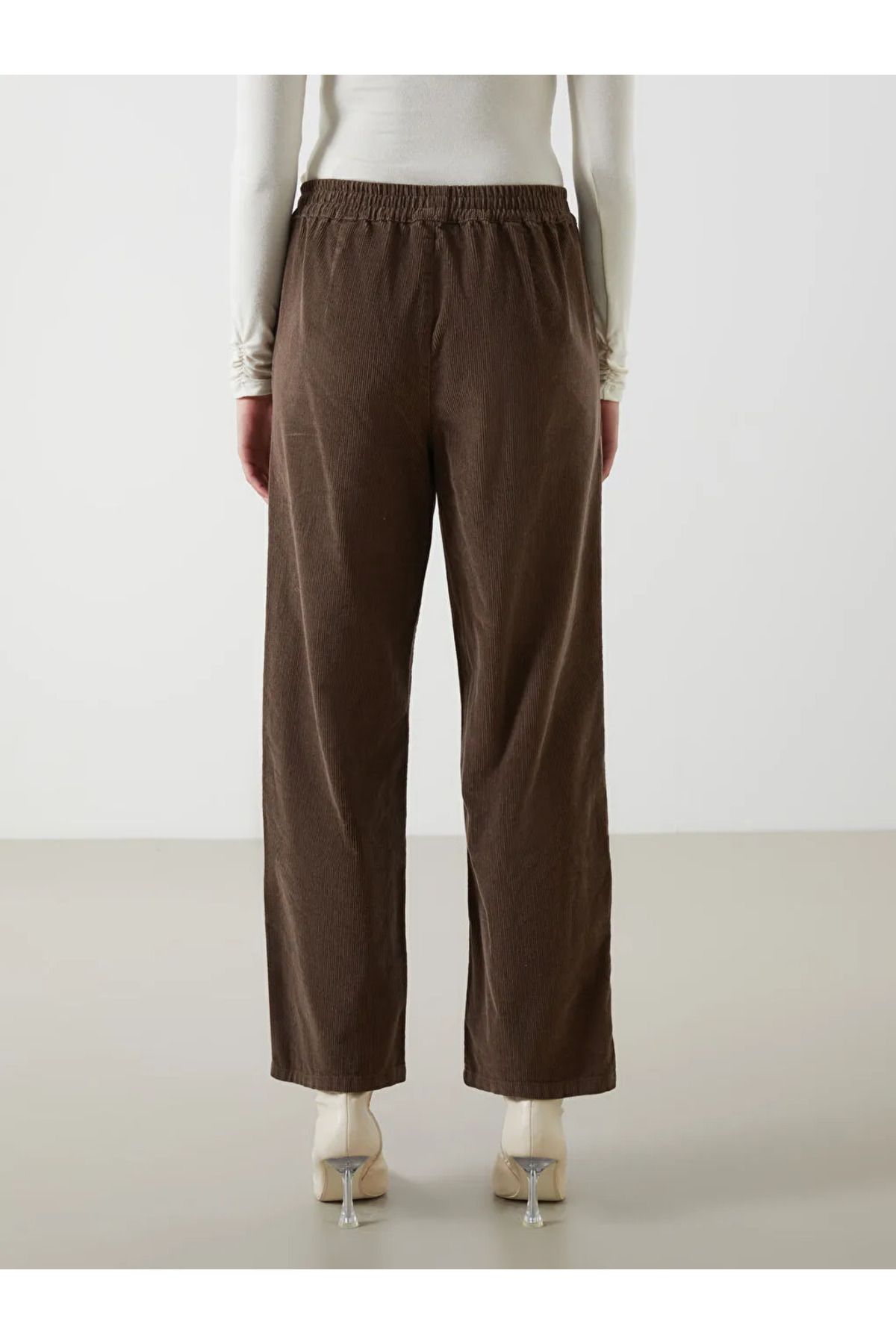 LC Waikiki-Lcwaikiki Classic Brown Women's Straight Velvet Pants with Elastic Waist 4