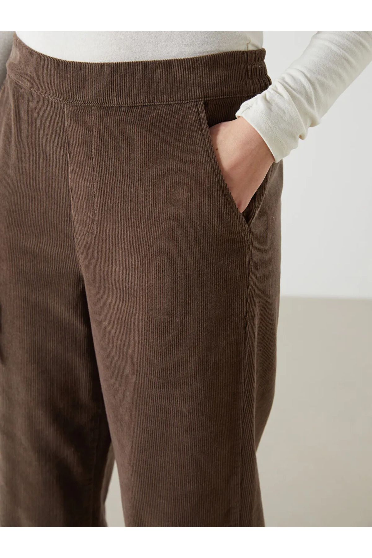 LC Waikiki-Lcwaikiki Classic Brown Women's Straight Velvet Pants with Elastic Waist 3