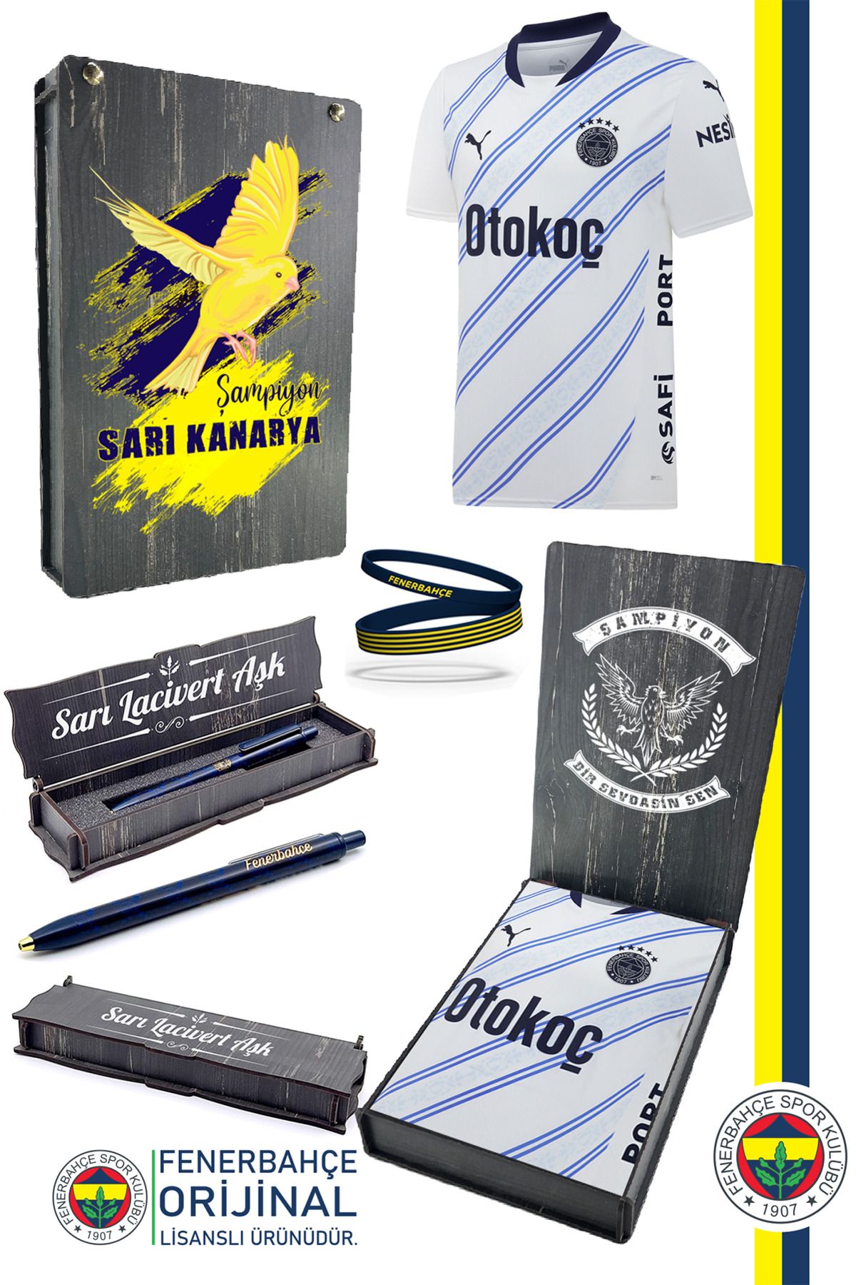 Fenerbahçe Orijinal 24/25 Beyaz Forma & Silikon Bileklik ve Uçlu Kalem Set Ahşap Kutulu