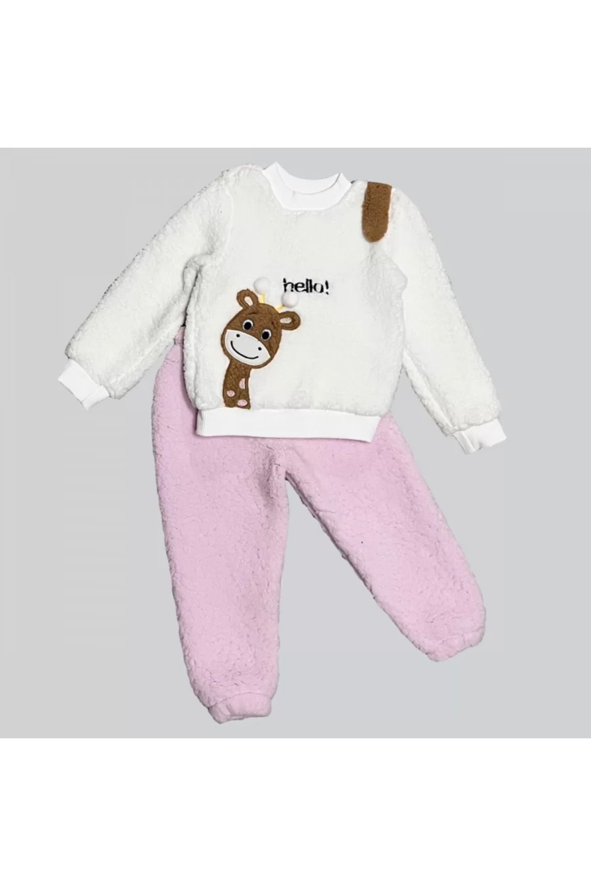 narniabutik 1-2-3 Yaş Hello Zürafa Nakışlı Kuzu Kumaş Sweat Pantolon Uzun Kollu Kız Erkek 2 Li Takımı