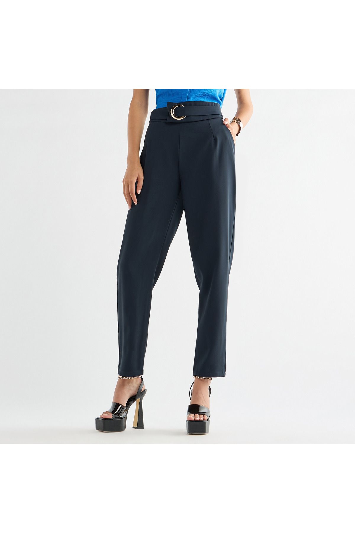 FAV-Solid Straight Fit Trousers With Belt Detail And Pockets 1