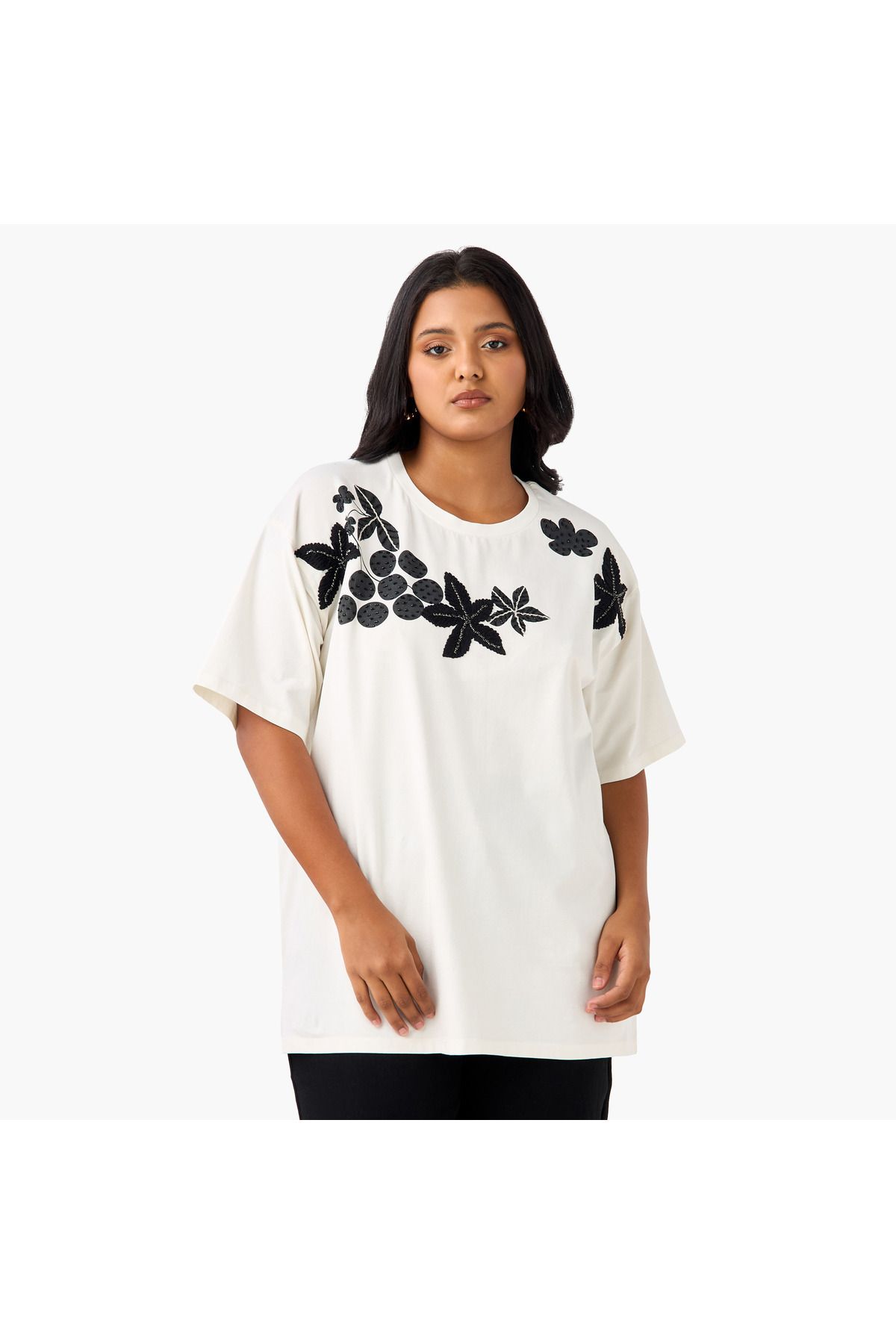 Ulla Popken-Plus Size Embellished T-shirt With Short Sleeves 1