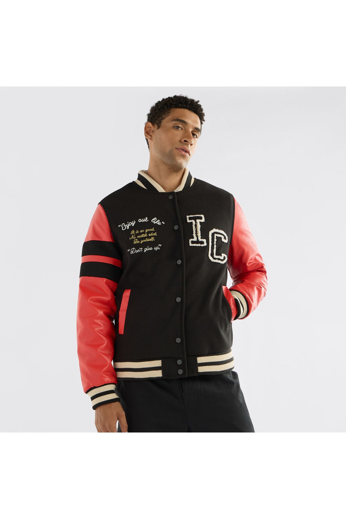 FAV-Slogan Detail Button Through Bomber Jacket With Pockets And Long Sleeves 1