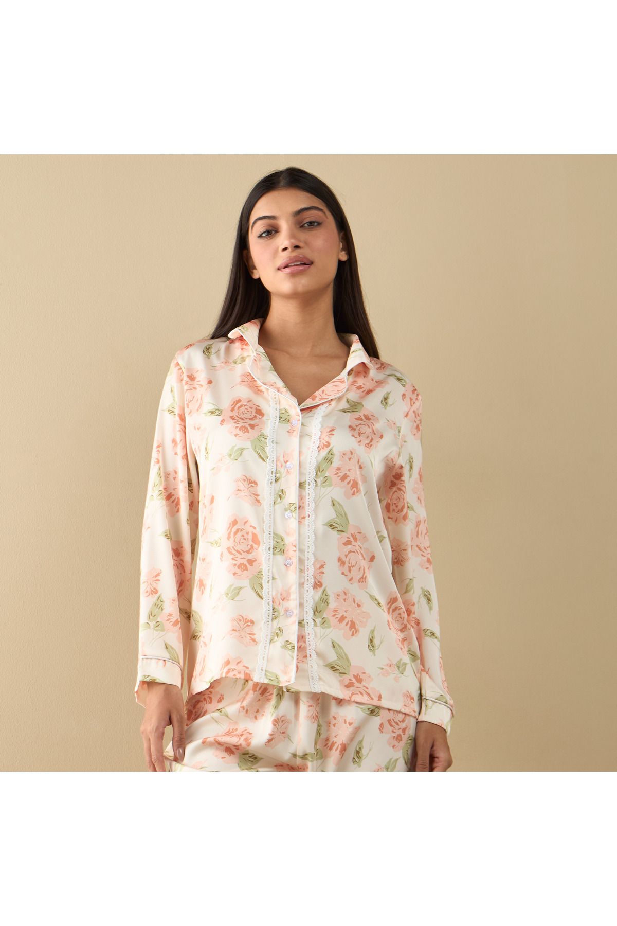 FAV-All-over Floral Print Laced Long Sleeve Shirt And Elasticated Pyjama Set 2