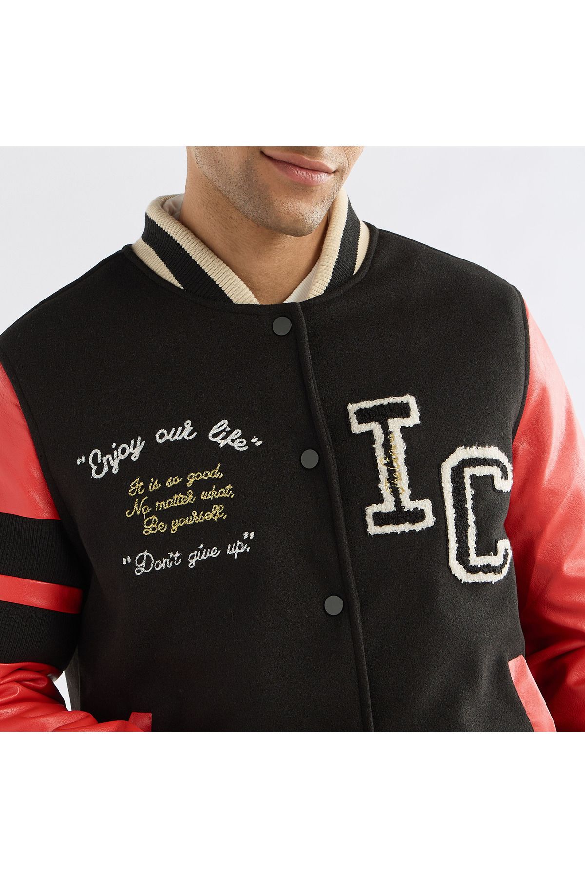 FAV-Slogan Detail Button Through Bomber Jacket With Pockets And Long Sleeves 4