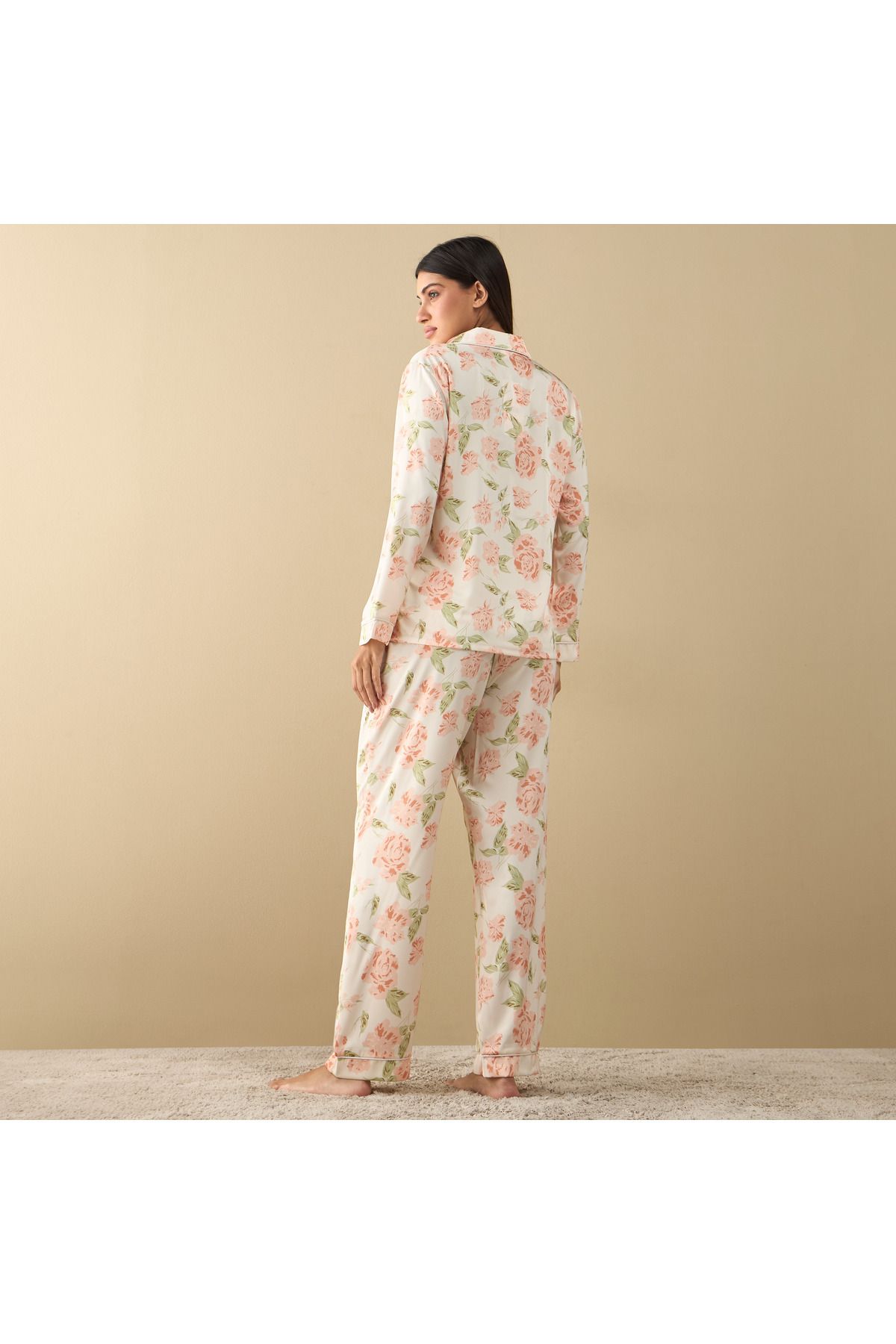 FAV-All-over Floral Print Laced Long Sleeve Shirt And Elasticated Pyjama Set 4