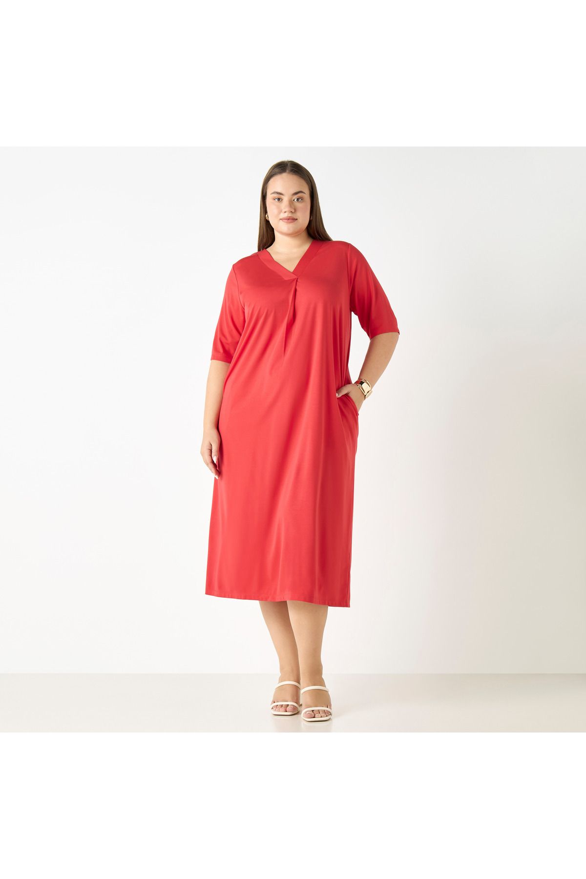 Ulla Popken-Plus Size V-neck Dress With Short Sleeves And Pockets 1